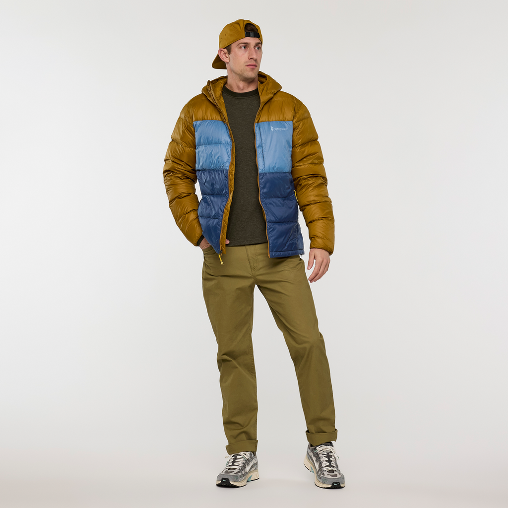Fuego Max Down Hooded Jacket - Men's, Bronze/Deep Sea, Model Jackson