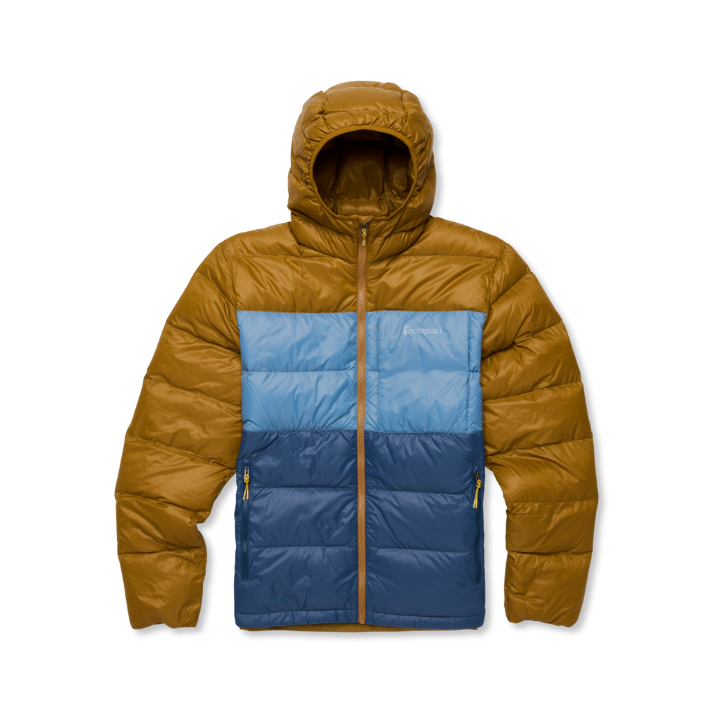 Fuego Max Down Hooded Jacket - Men's, Bronze/Deep Sea, flatlay