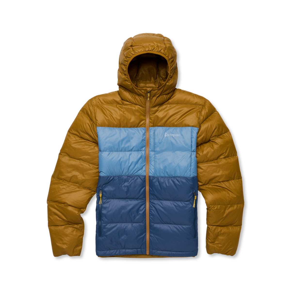 Fuego Max Down Hooded Jacket - Men's, Bronze/Deep Sea, flatlay