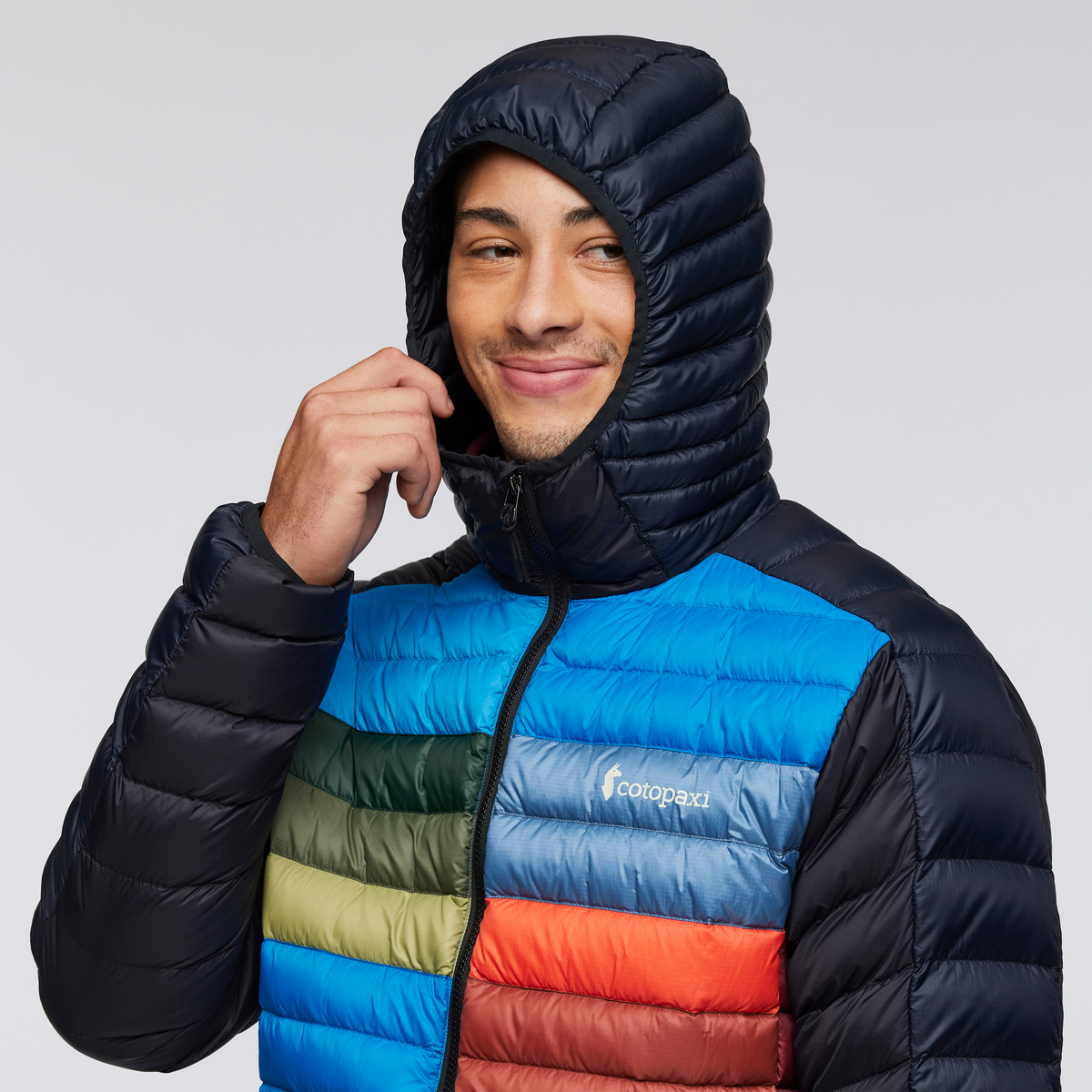 Funky Fuego Down Hooded Jacket - Men's, Carbon Combo, Model Kai