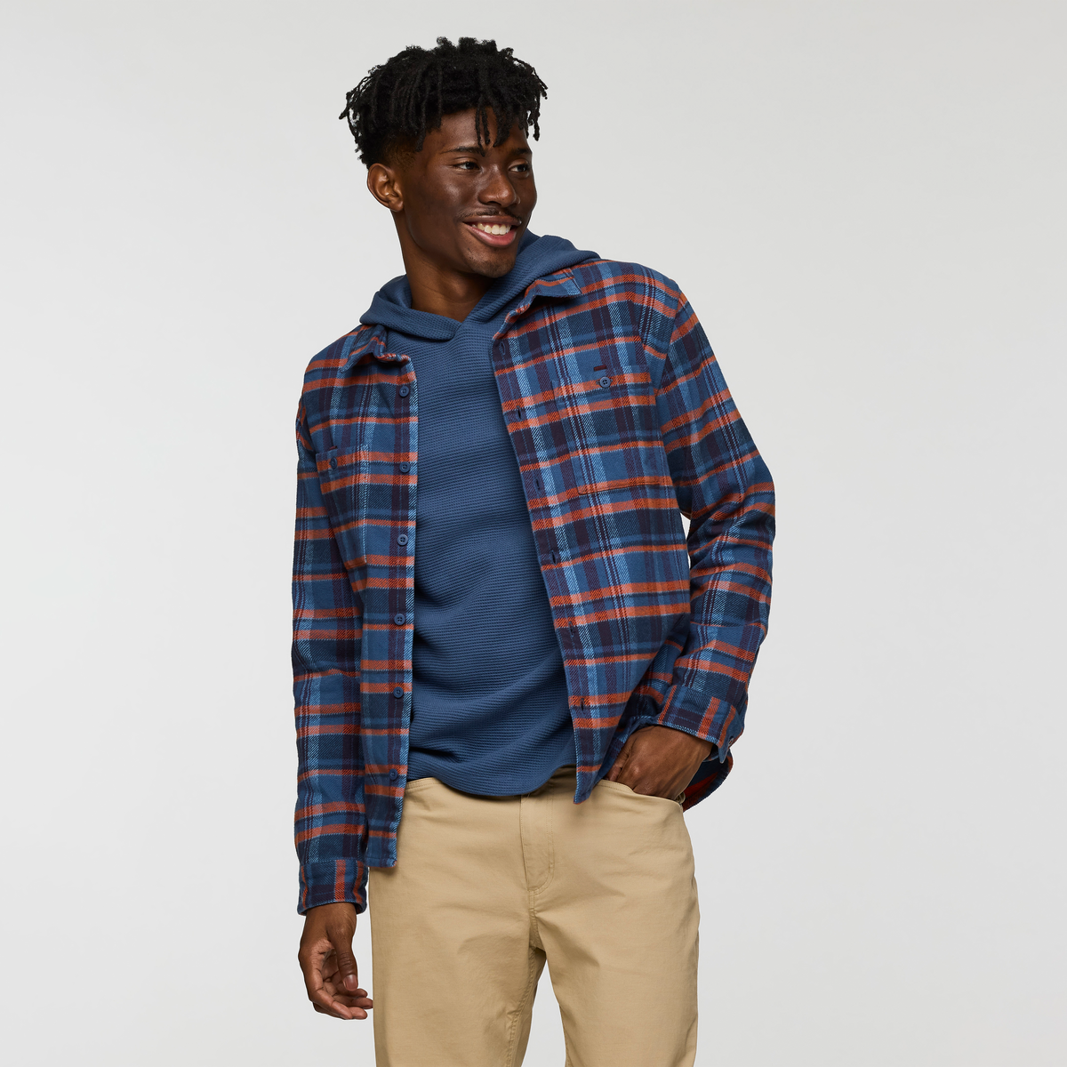 Mero Organic Flannel Shirt - Men's, Deep Sea/Fjord Plaid, Model Nicolas