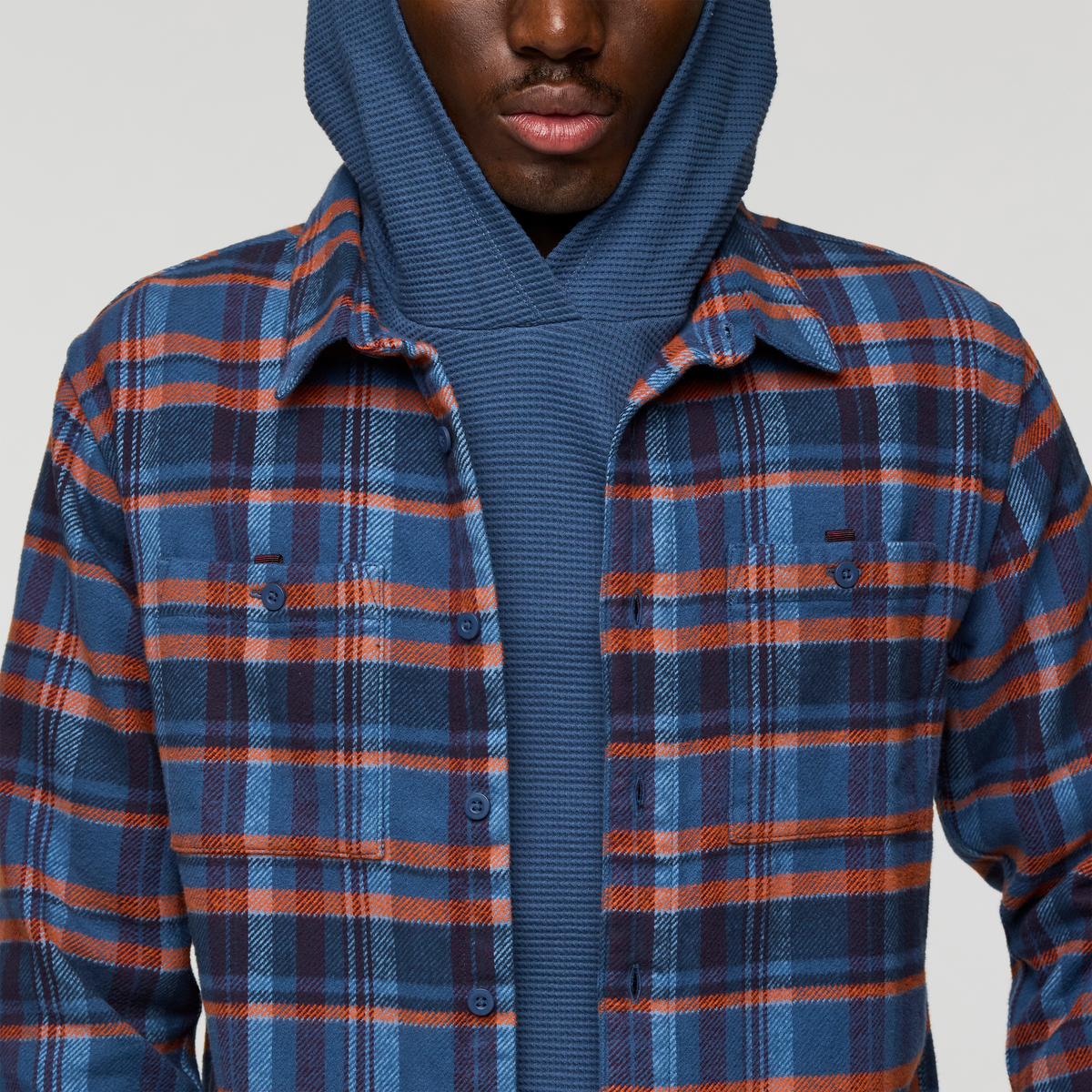 Mero Organic Flannel Shirt - Men's, Deep Sea/Fjord Plaid, Model Nicolas