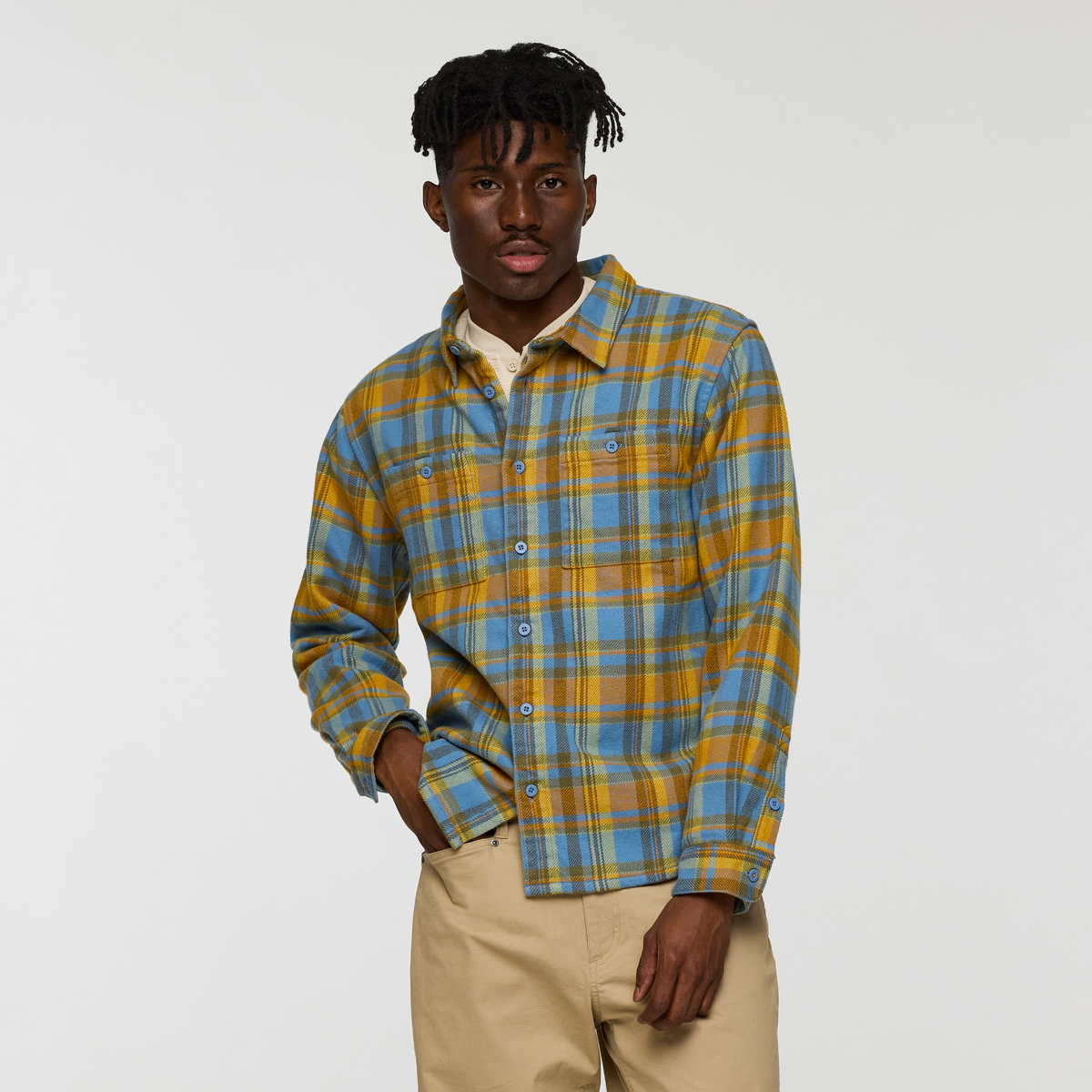 Mero Organic Flannel Shirt - Men's, Fjord/Seed Plaid, Model Nicolas