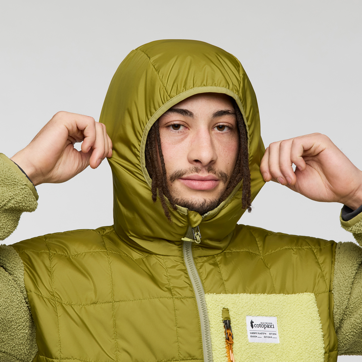 Trico Hybrid Hooded Jacket - Men's, Seed, Model Kai