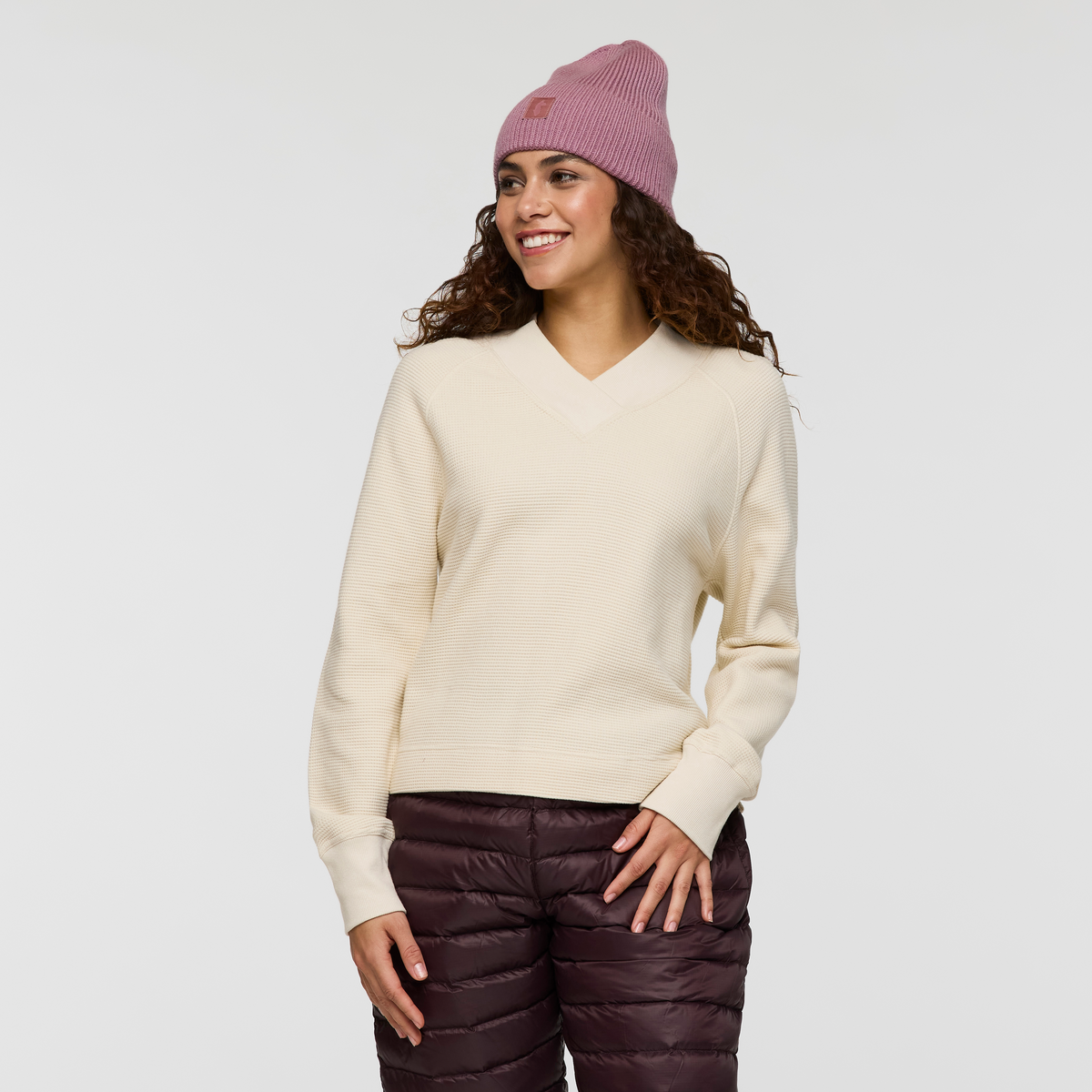 Atajo Long-Sleeve Waffle V-Neck - Women's, Cream, Model Avery