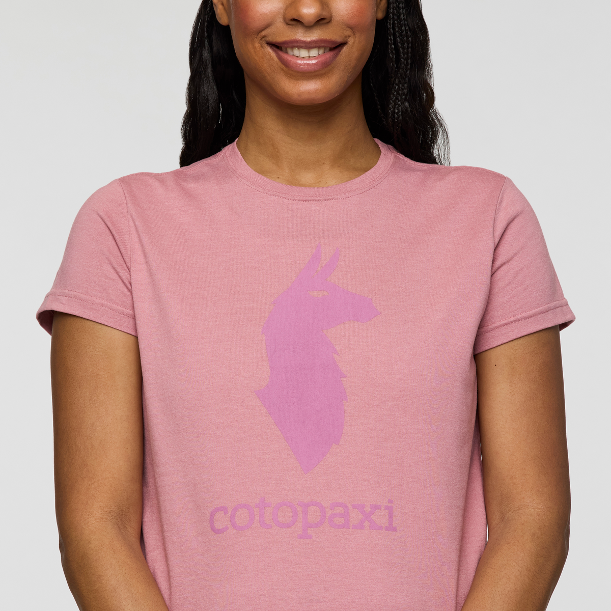 Cotopaxi Llama T-Shirt - Women's, Dusty Rose, Model Charlie