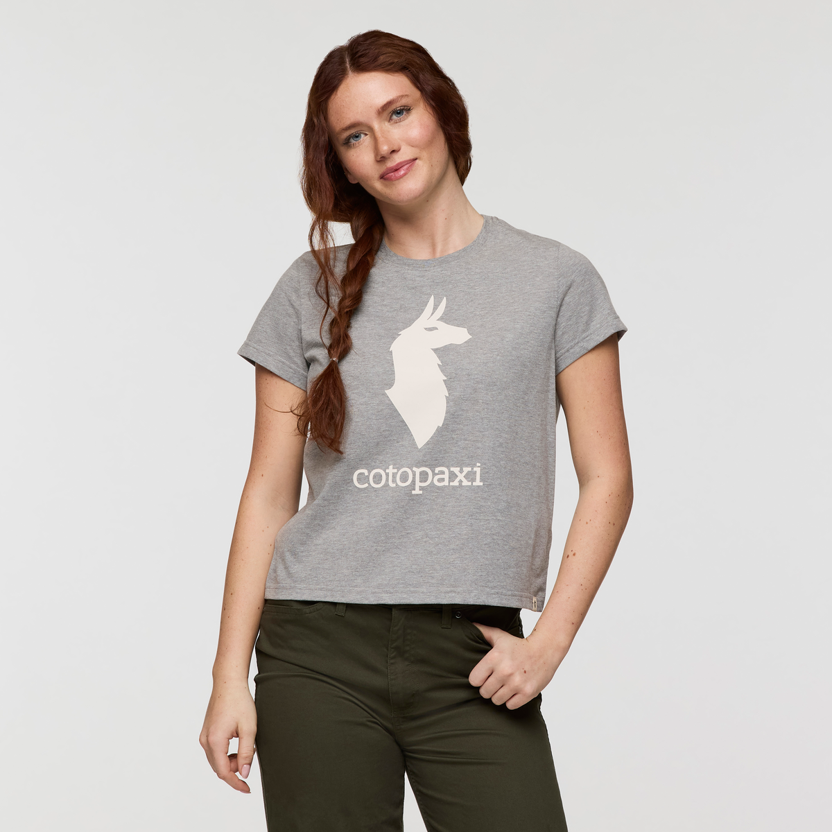 Cotopaxi Llama T-Shirt - Women's, Heather Grey, Model Caitlyn