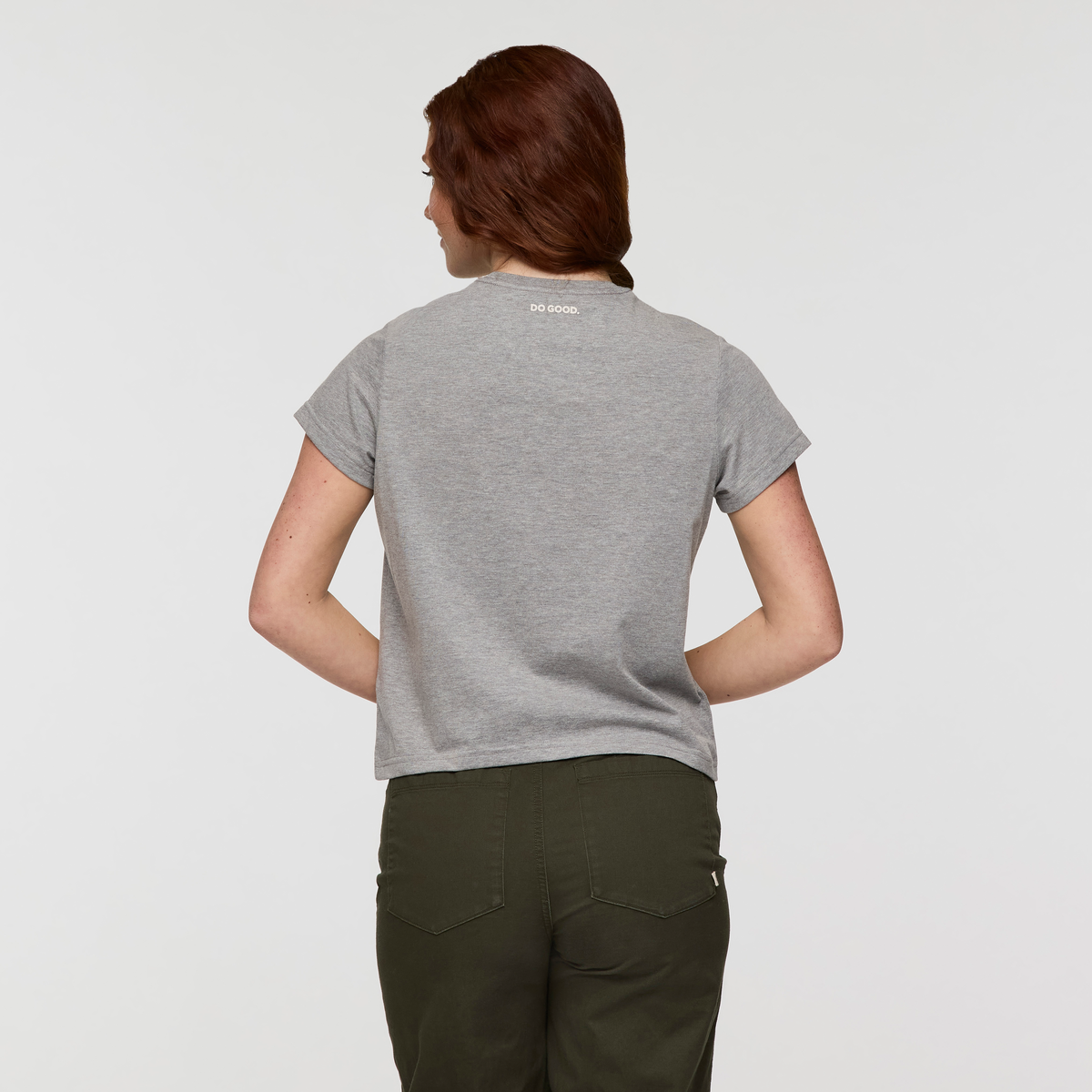 Cotopaxi Llama T-Shirt - Women's, Heather Grey, Model Caitlyn