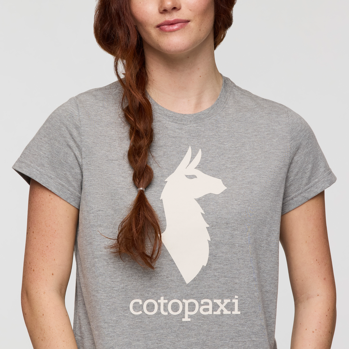 Cotopaxi Llama T-Shirt - Women's, Heather Grey, Model Caitlyn