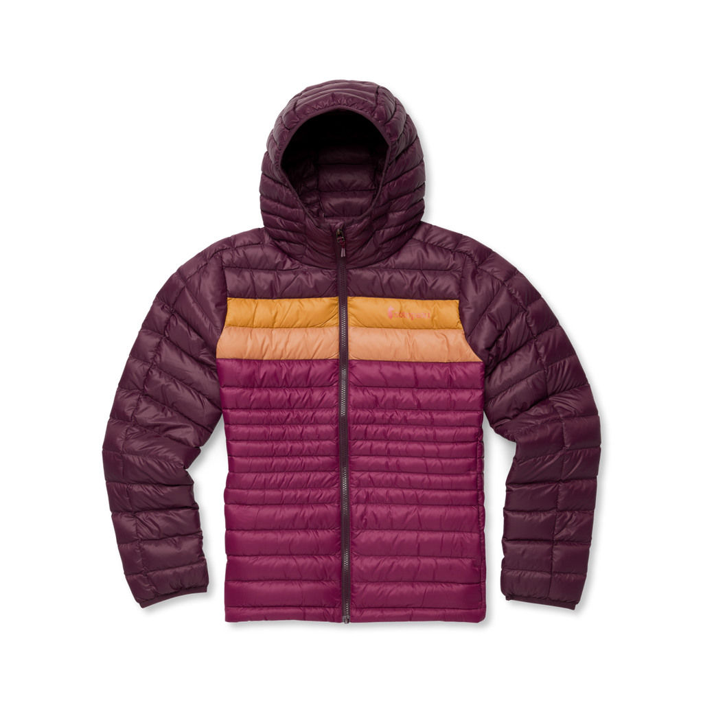 Fuego Down Hooded Jacket - Women's, Blackberry/Jam, Model Tanisha, flatlay