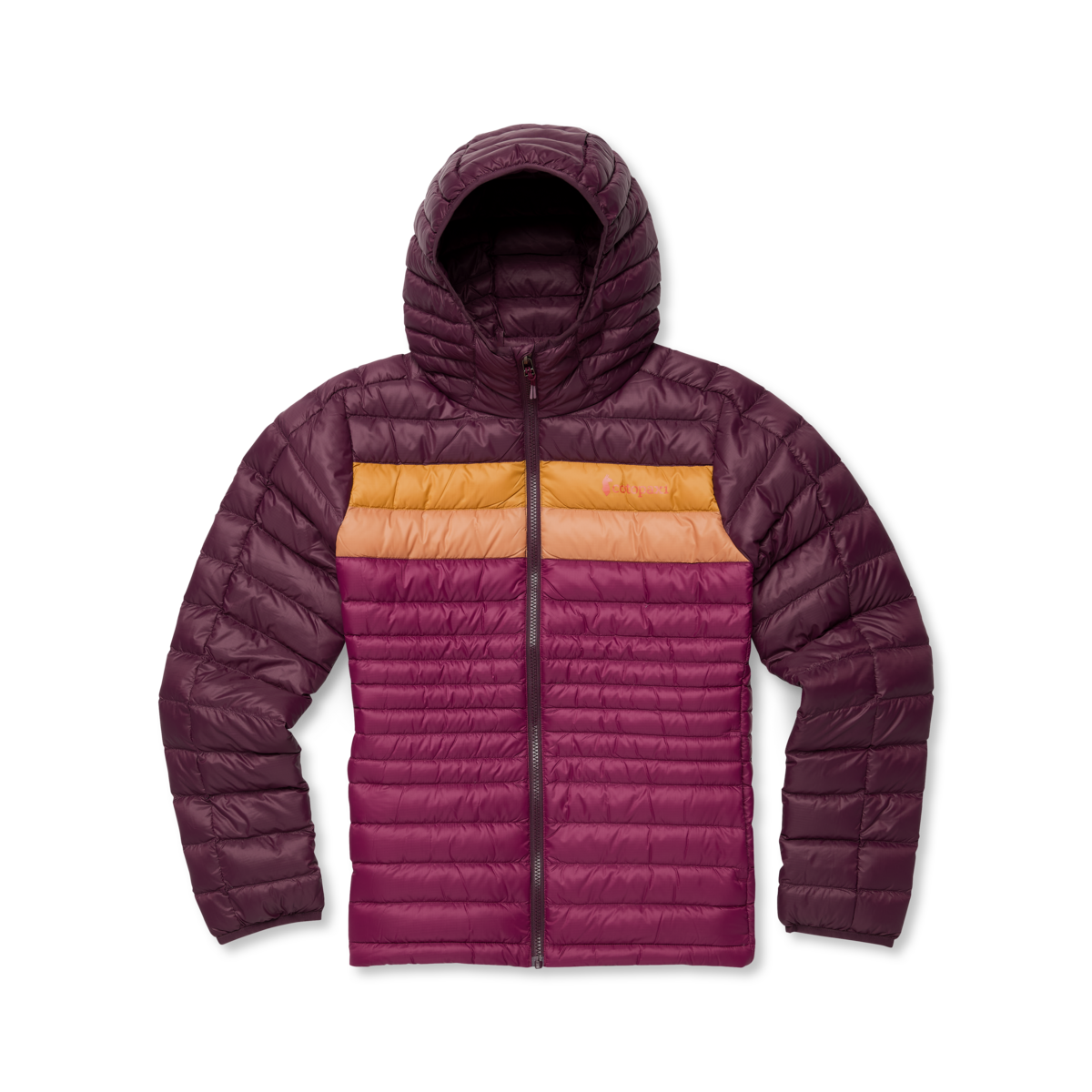 Fuego Down Hooded Jacket - Women's, Blackberry/Jam, Model Tanisha, flatlay