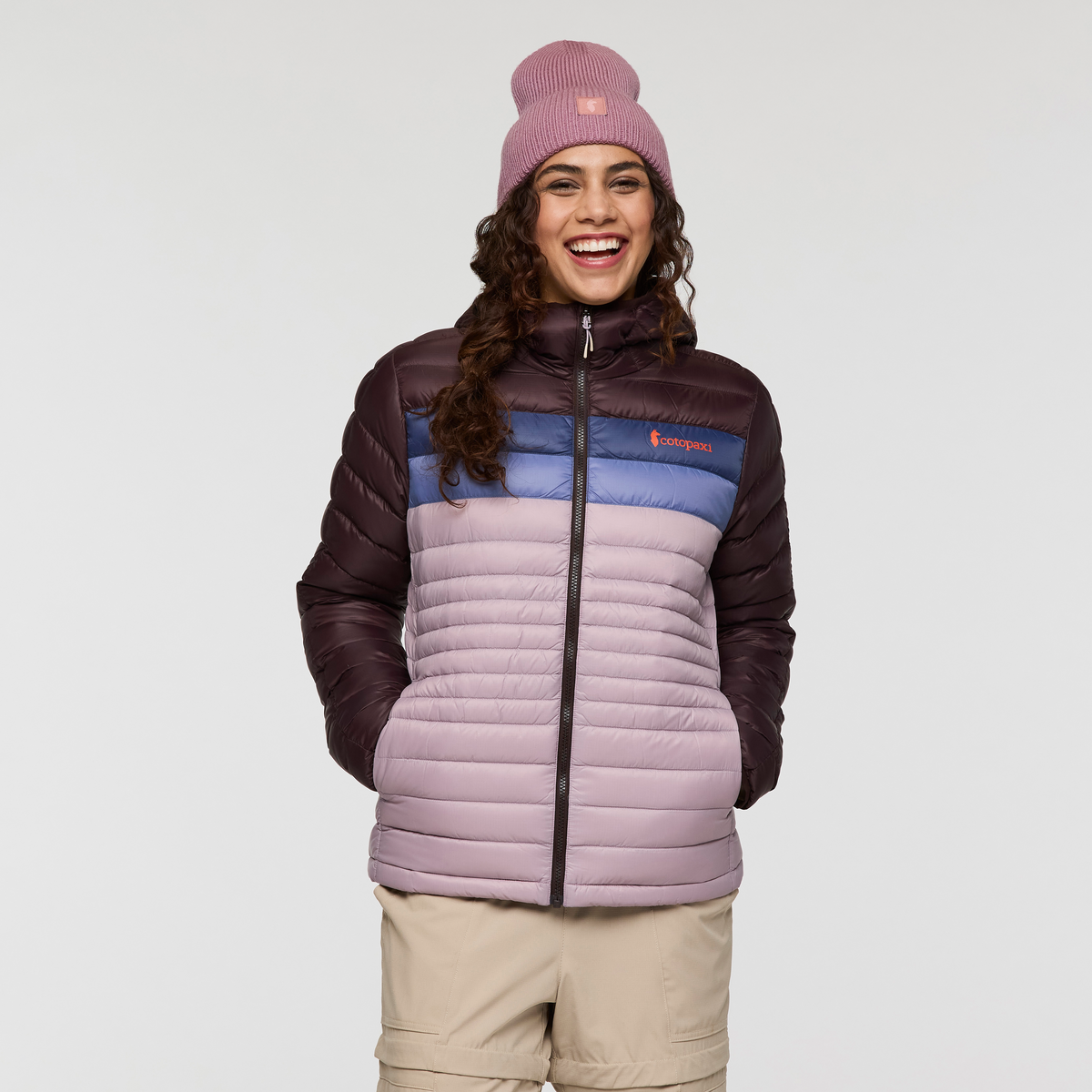 Fuego Down Hooded Jacket - Women's, Coffee/Quartz, Model Avery