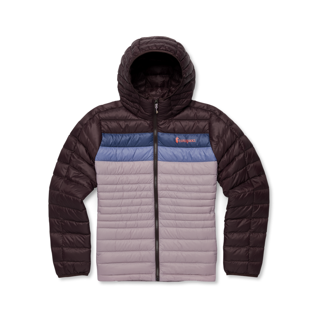 Fuego Down Hooded Jacket - Women's, Coffee/Quartz, Model Avery, flatlay