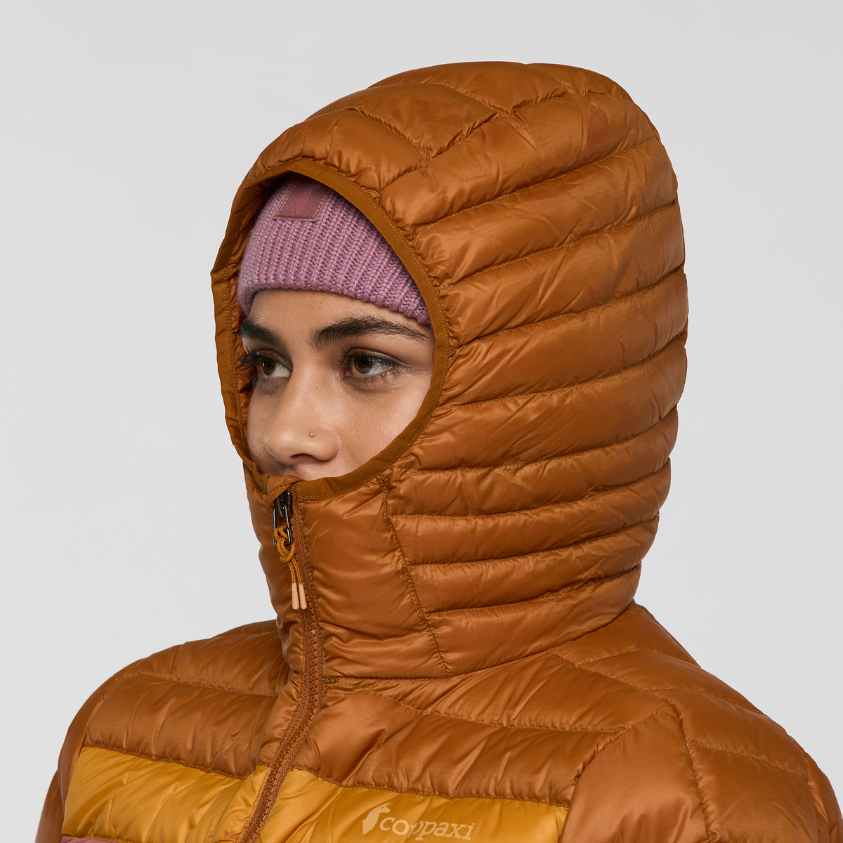 Fuego Down Hooded Jacket - Women's, Sienna/Fjord, Model Avery