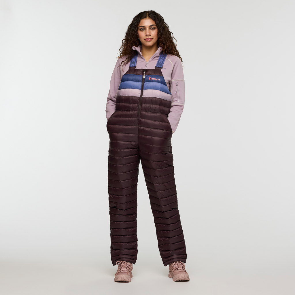 Fuego Down Overall - Women's Redesign, Coffee Stripes, Model Avery
