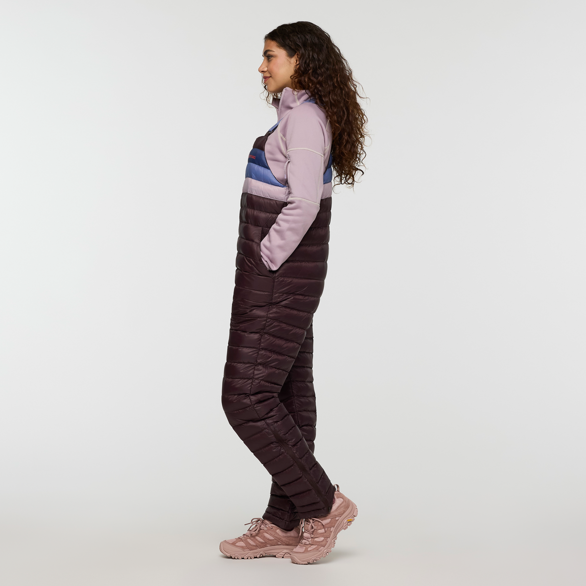 Fuego Down Overall - Women's Redesign, Coffee Stripes, Model Avery