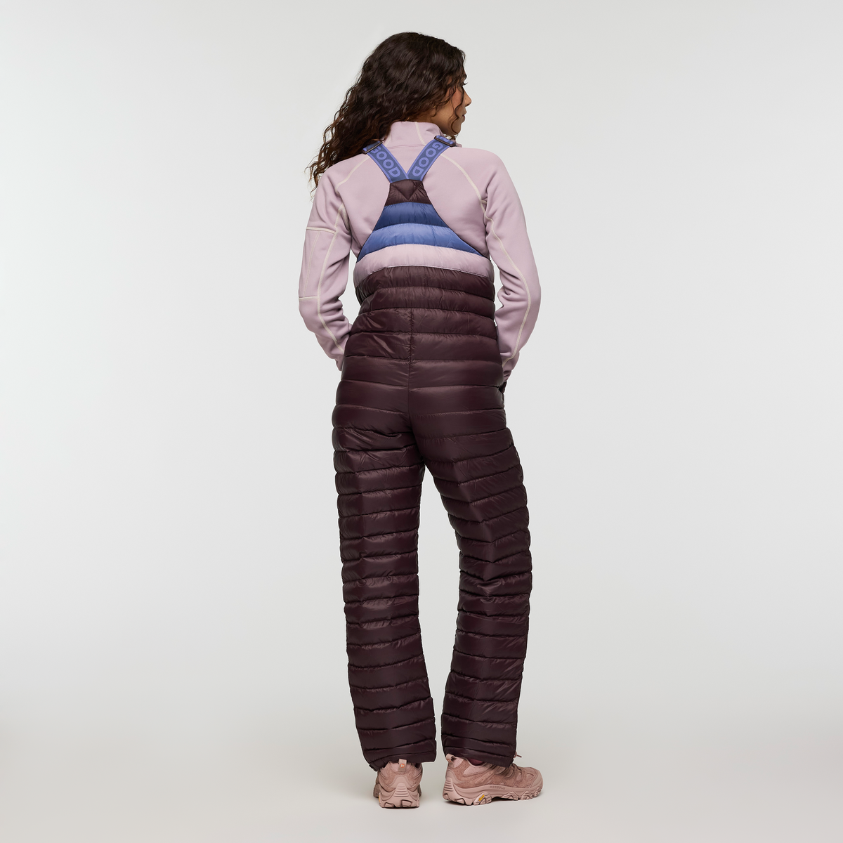 Fuego Down Overall - Women's Redesign, Coffee Stripes, Model Avery