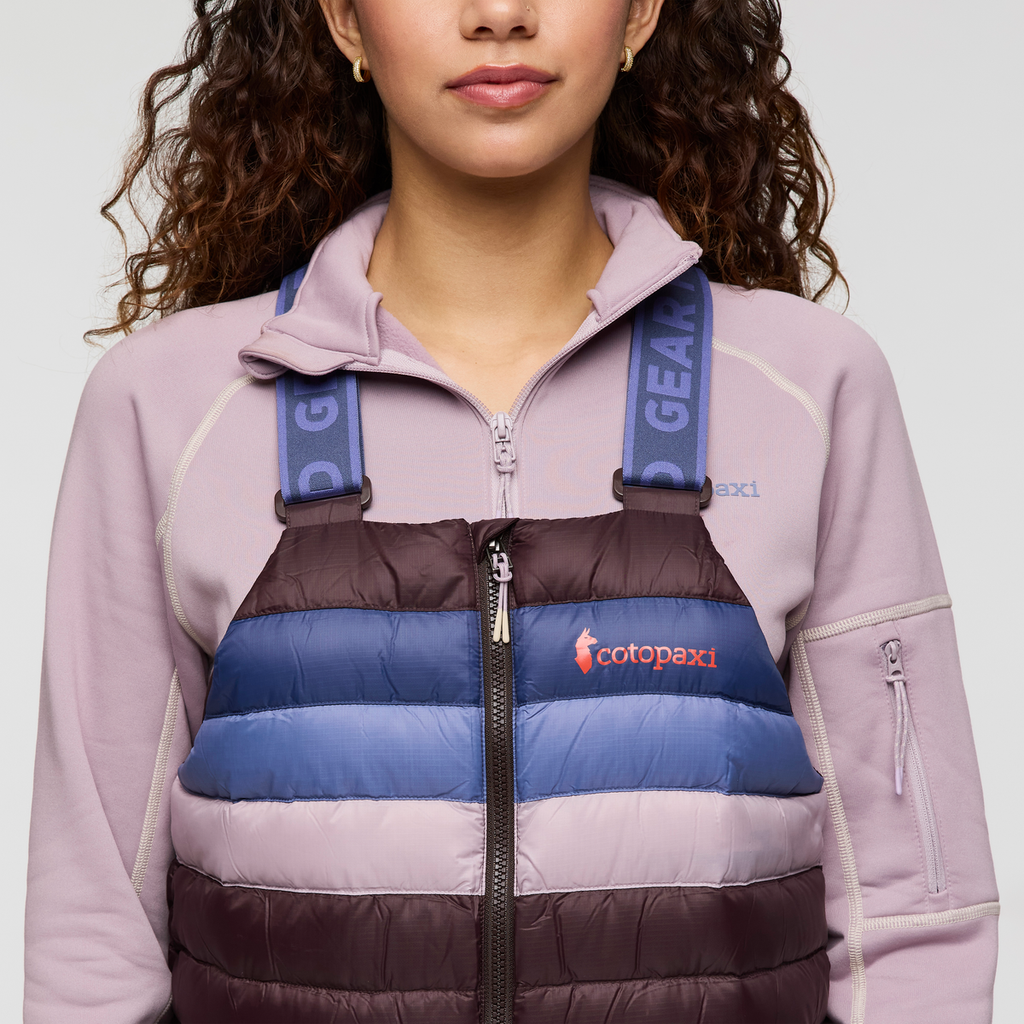 Fuego Down Overall - Women's Redesign, Coffee Stripes, Model Avery