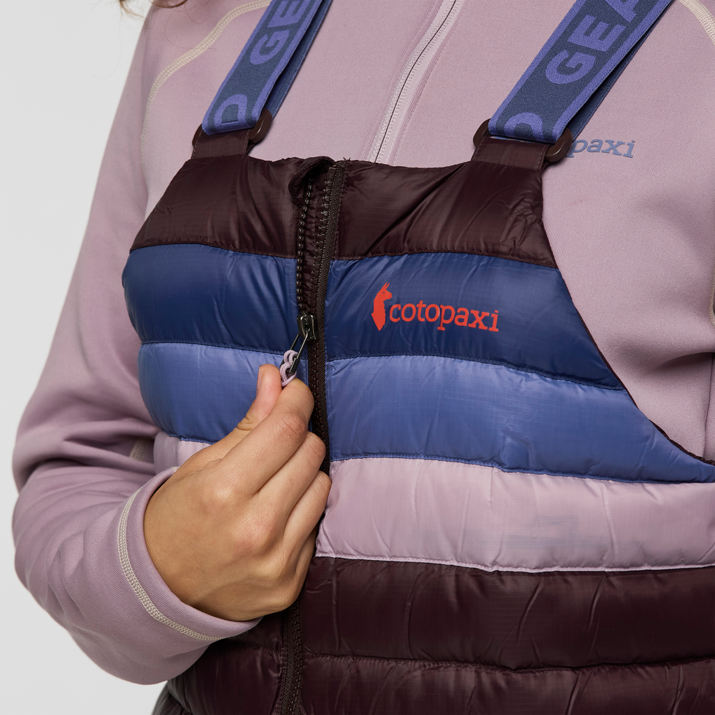 Fuego Down Overall - Women's Redesign, Coffee Stripes, Model Avery