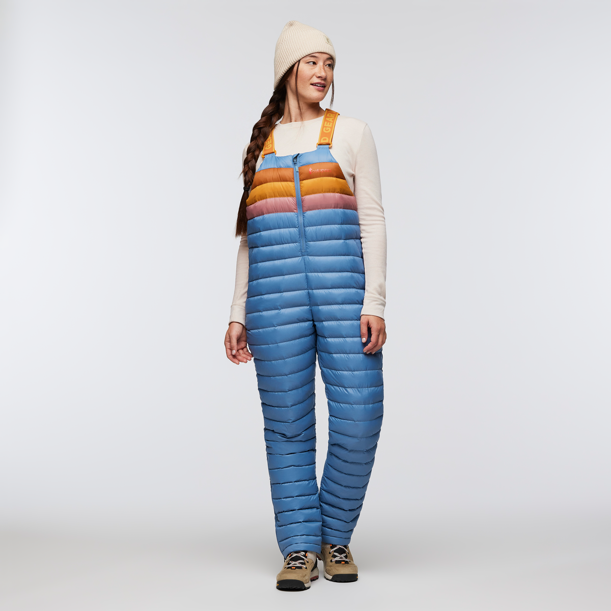 Fuego Down Overall - Women's Redesign, Fjord Stripes, Model Aya