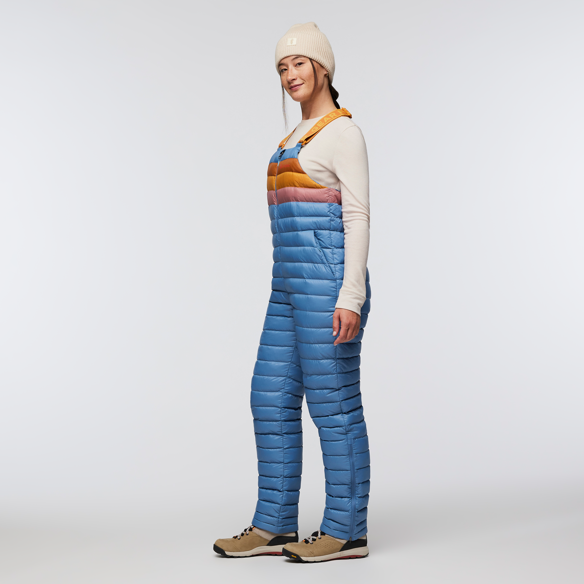 Fuego Down Overall - Women's Redesign, Fjord Stripes, Model Aya