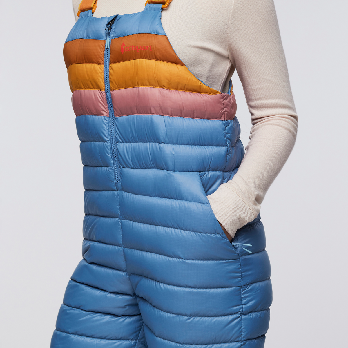 Fuego Down Overall - Women's Redesign, Fjord Stripes, Model Aya