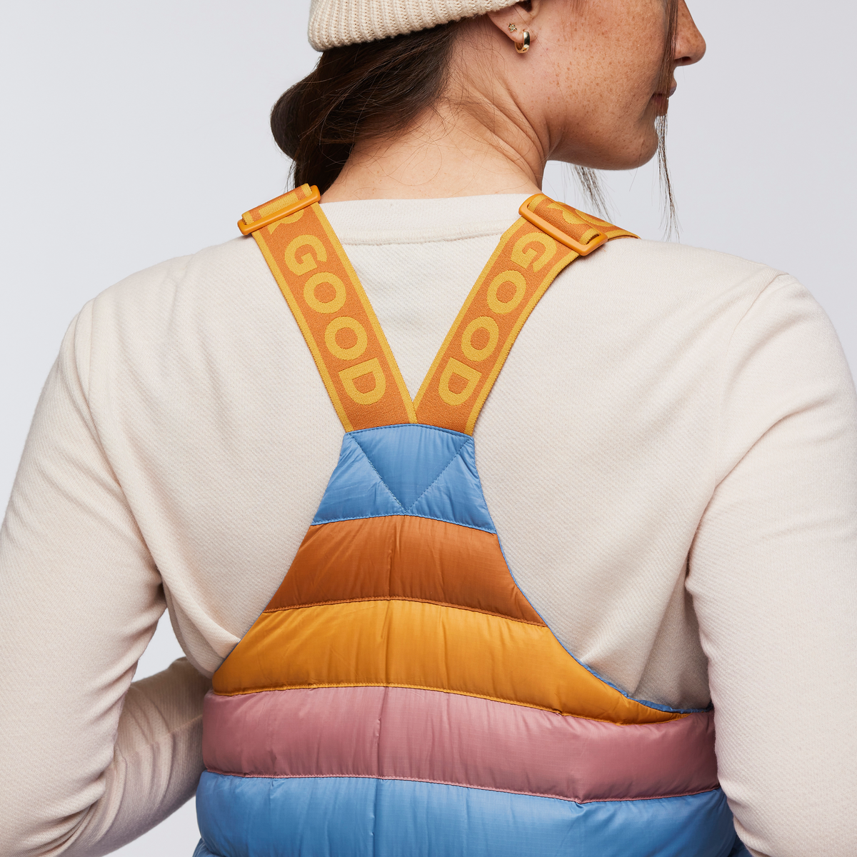 Fuego Down Overall - Women's Redesign, Fjord Stripes, Model Aya