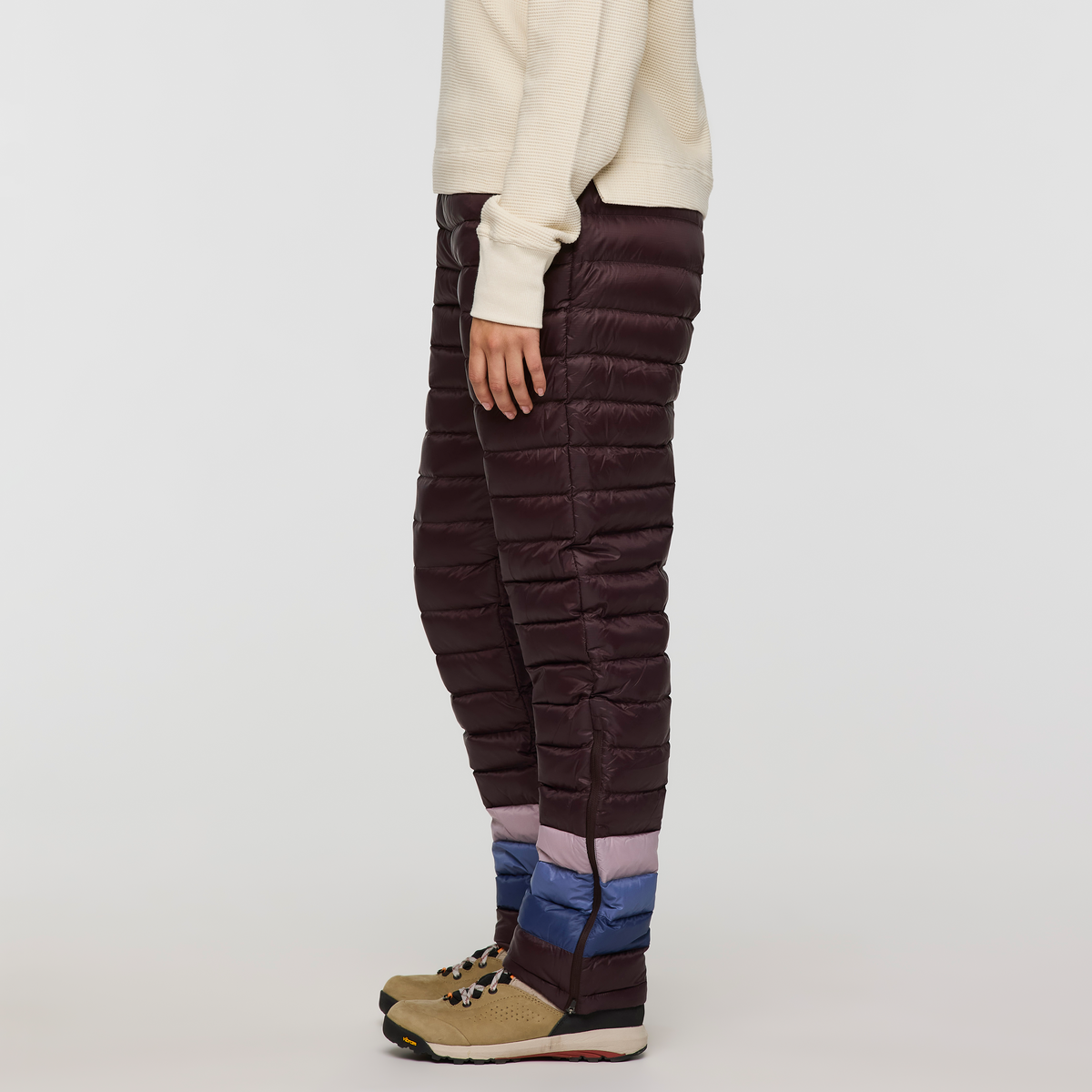 Fuego Down Pant - Women's, Coffee Stripes, Model Avery