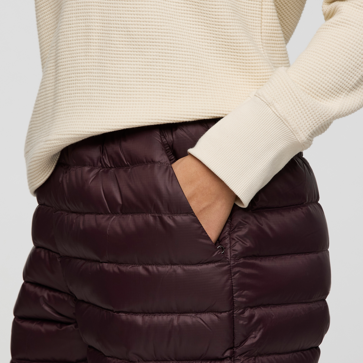 Fuego Down Pant - Women's, Coffee Stripes, Model Avery