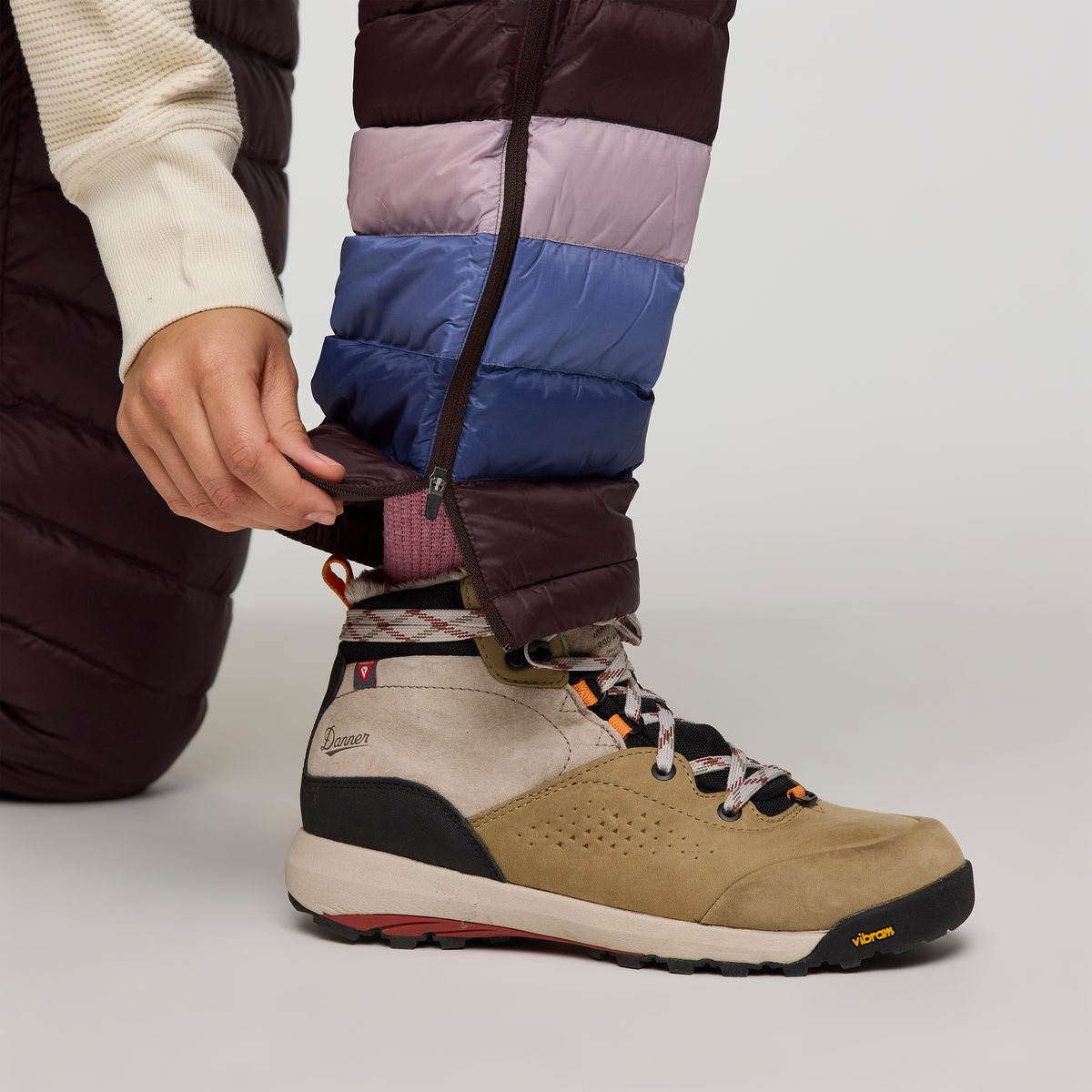 Fuego Down Pant - Women's, Coffee Stripes, Model Avery