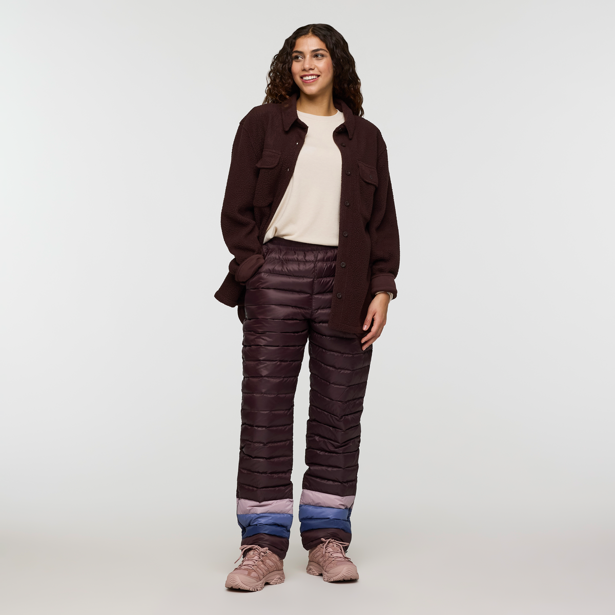 Fuego Down Pant - Women's, Coffee Stripes, Model Avery