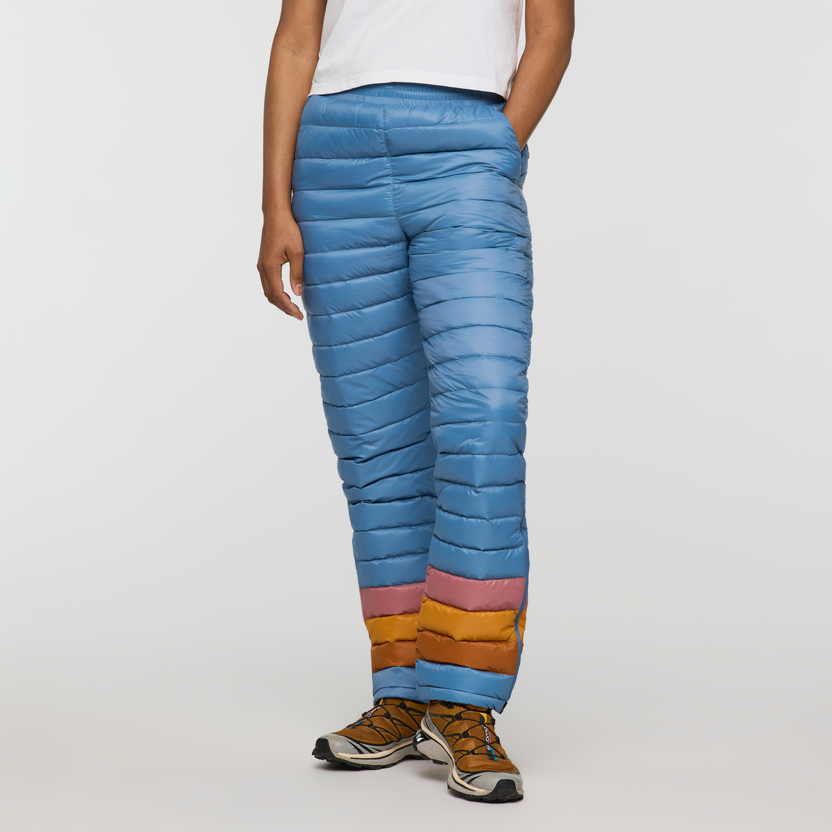 Fuego Down Pant - Women's, Fjord Stripes, Model Charlie