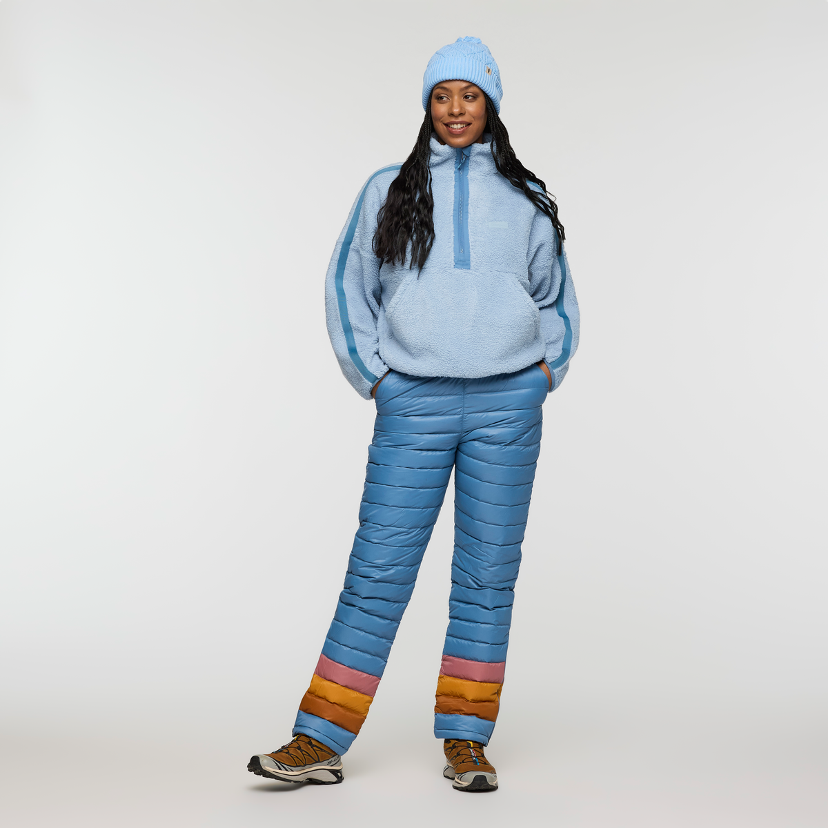 Fuego Down Pant - Women's, Fjord Stripes, Model Charlie