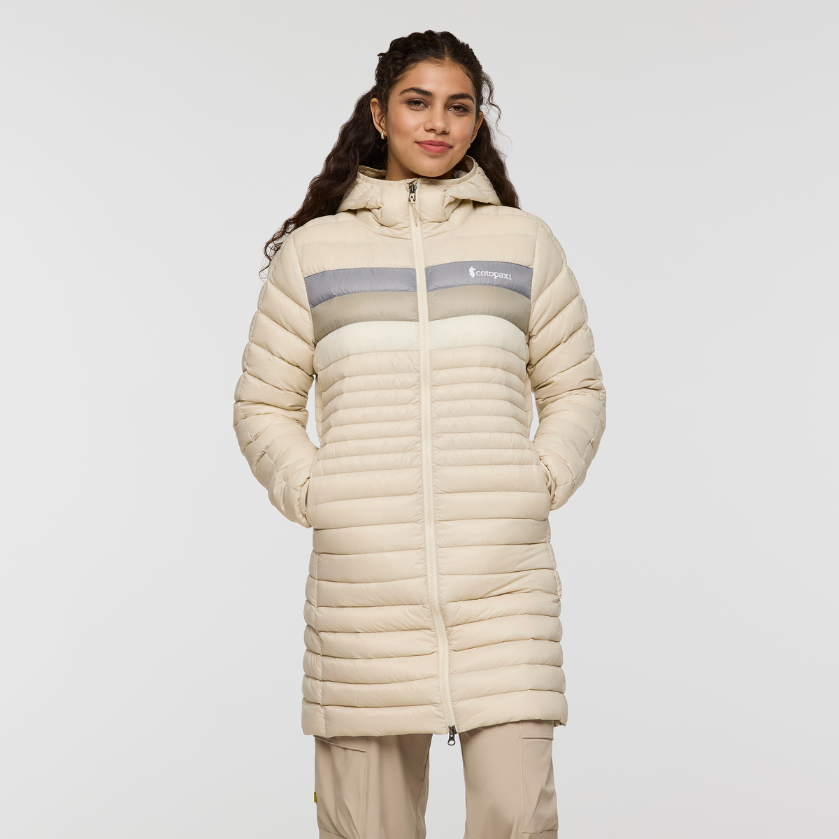 Fuego Down Parka - Women's, Cream Stripes, Model Avery