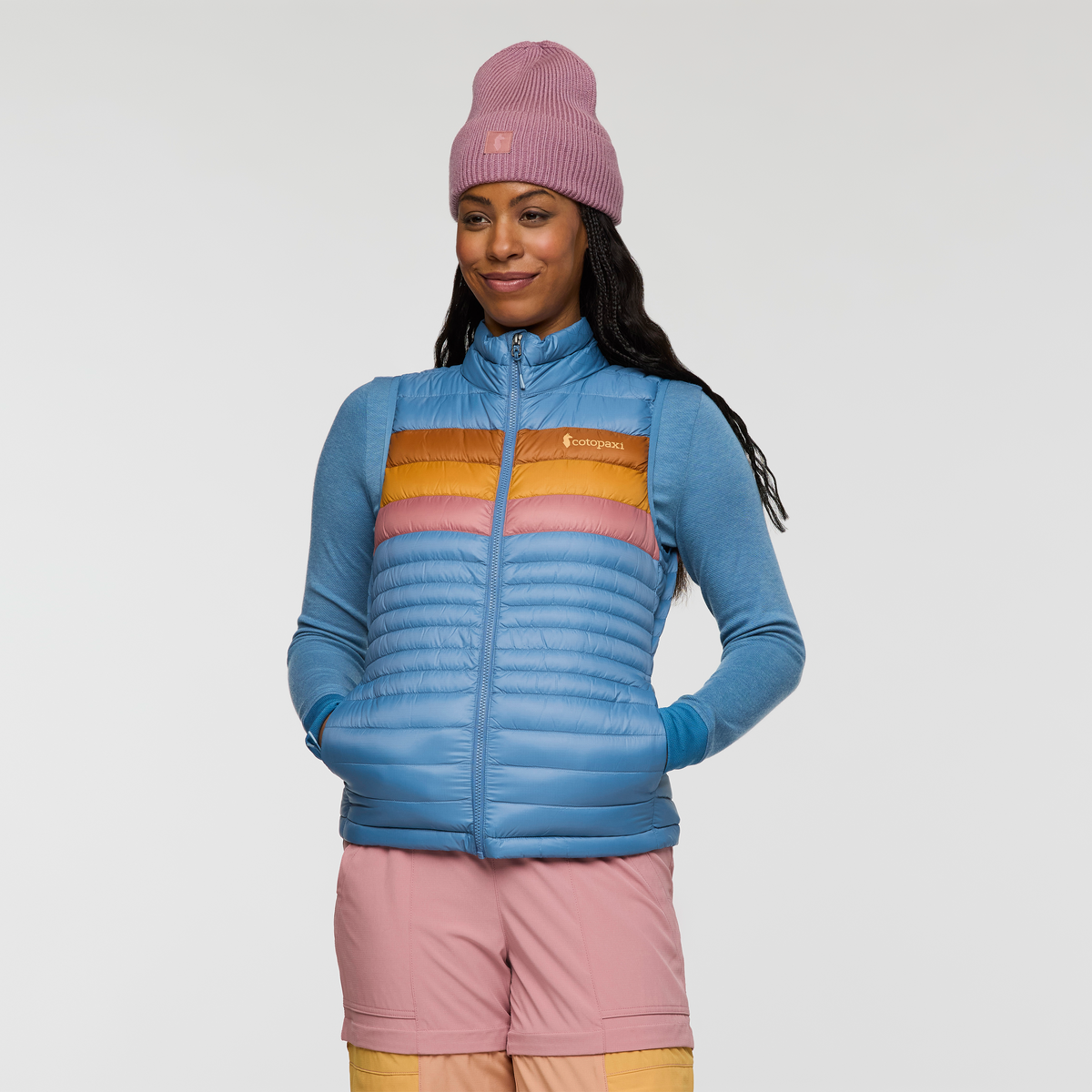Fuego Down Vest - Women's, Fjord Stripes, Model Charlie