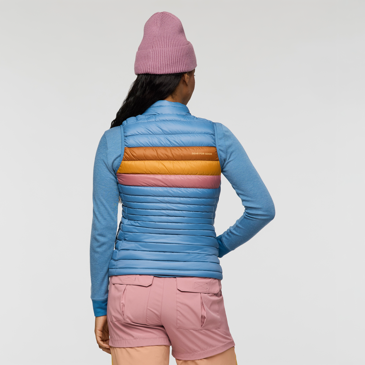 Fuego Down Vest - Women's, Fjord Stripes, Model Charlie