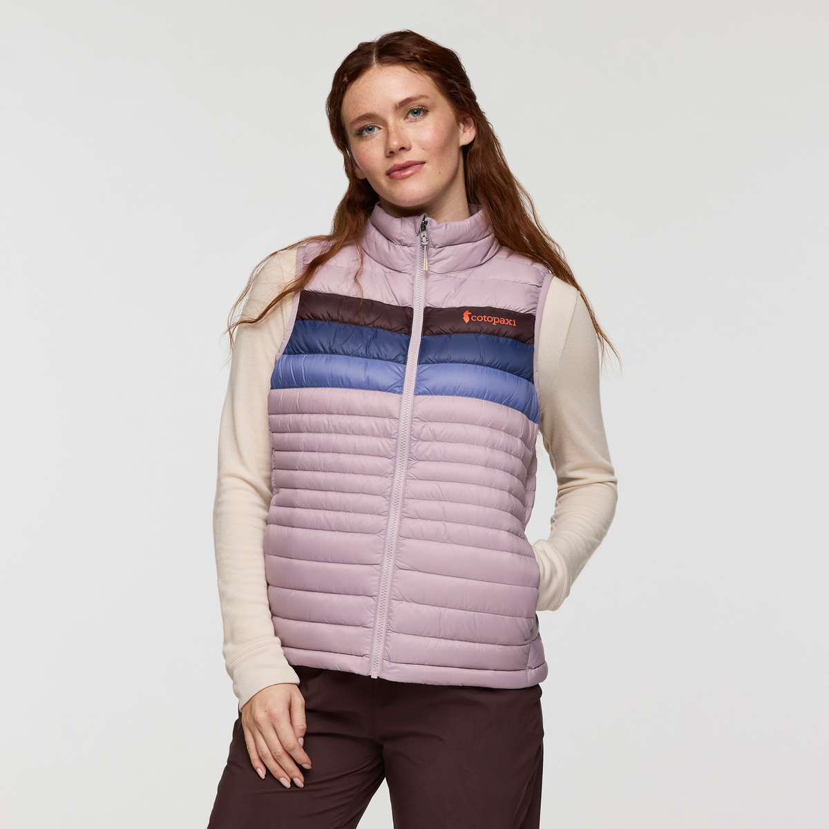 Fuego Down Vest - Women's, Quartz Stripes, Model Caitlyn