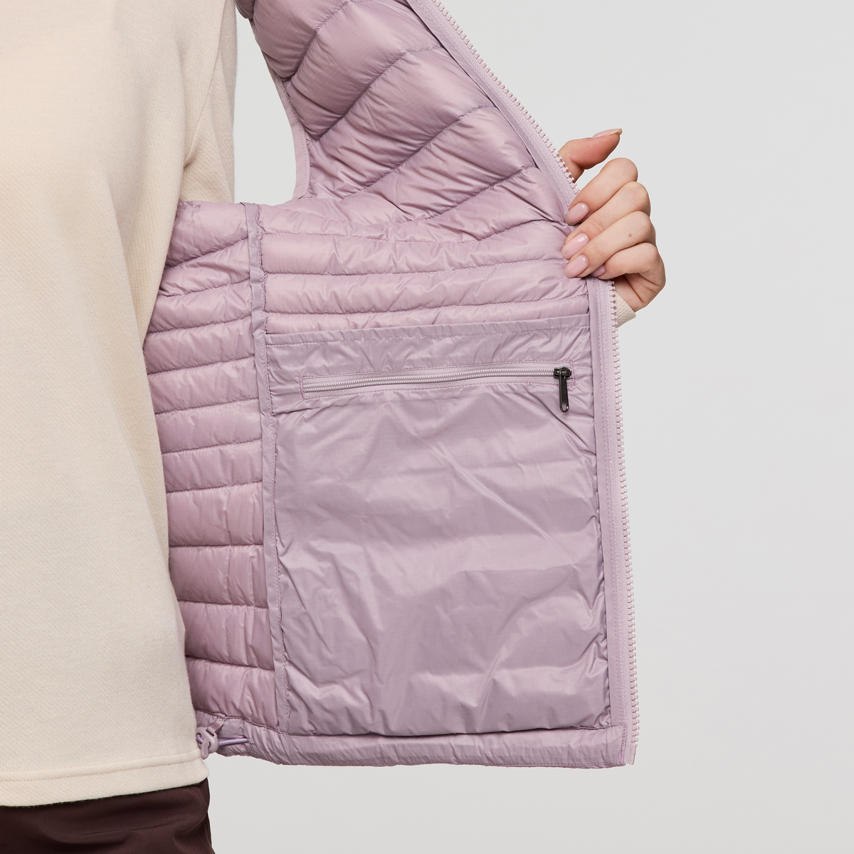 Fuego Down Vest - Women's, Quartz Stripes, Model Caitlyn