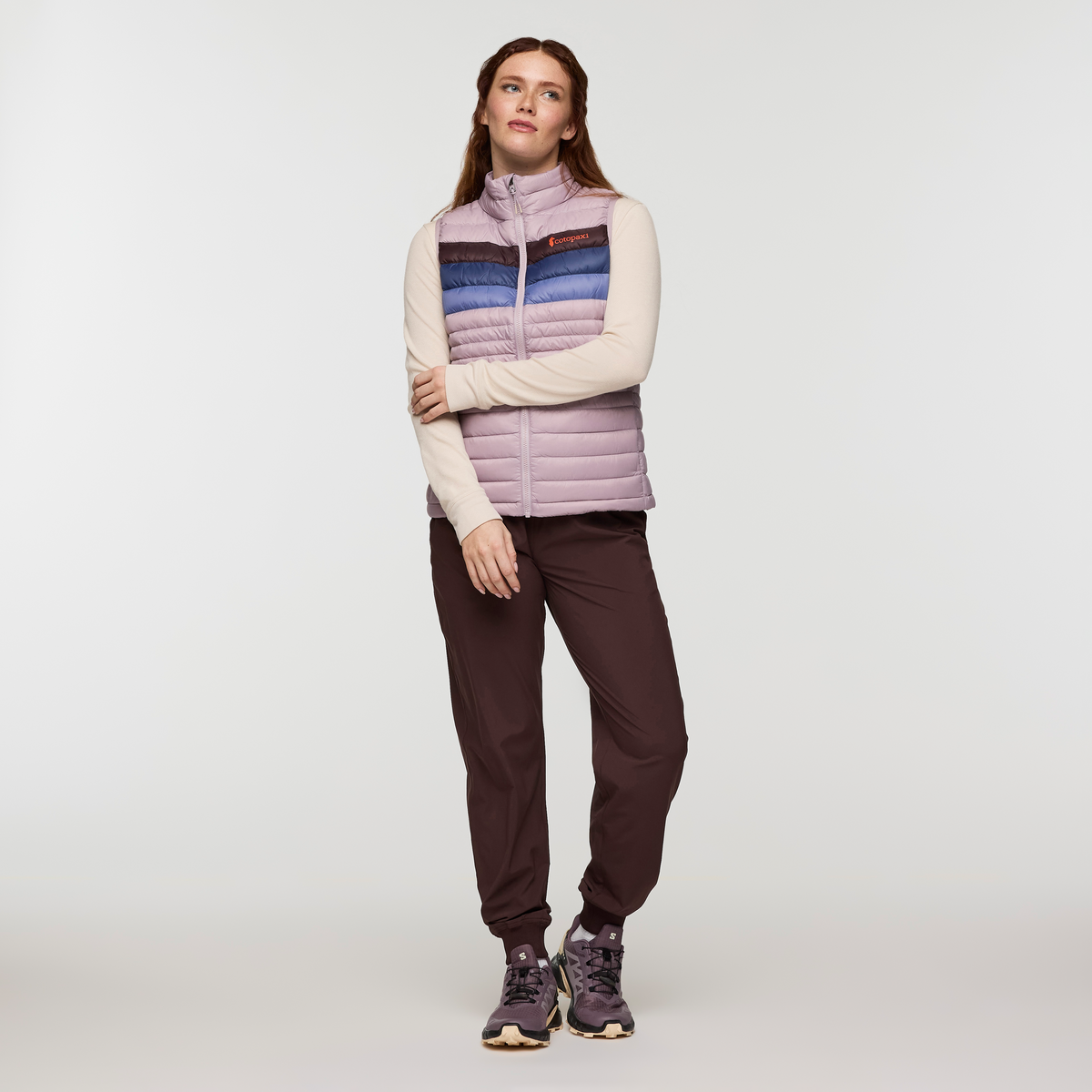 Fuego Down Vest - Women's, Quartz Stripes, Model Caitlyn