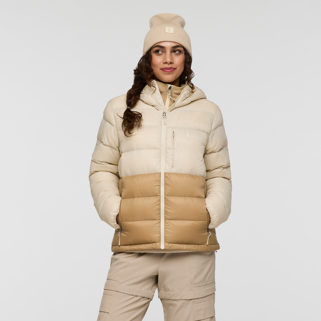 Fuego Max Down Hooded Jacket - Women's, Cream/Khaki, Model Avery