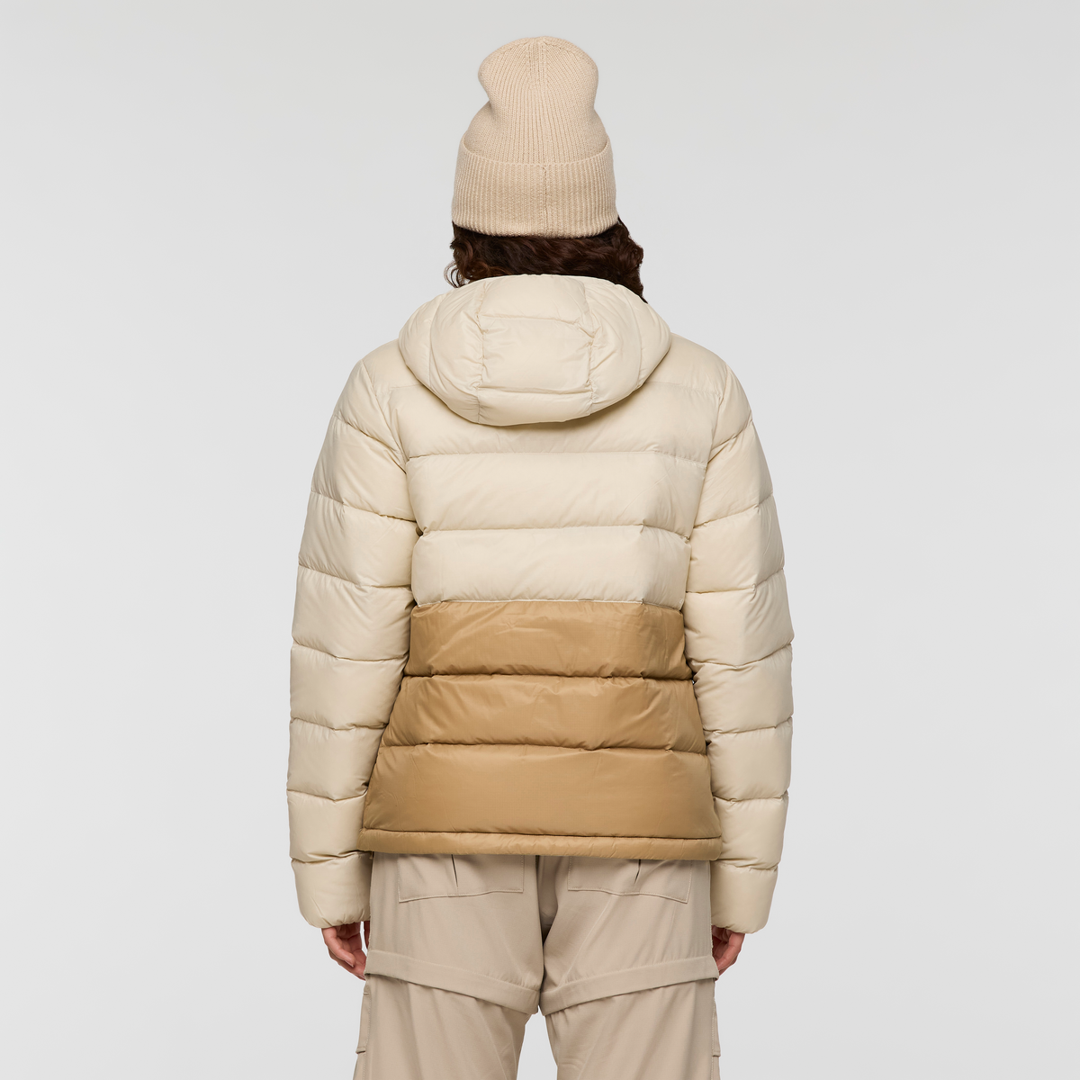 Fuego Max Down Hooded Jacket - Women's, Cream/Khaki, Model Avery
