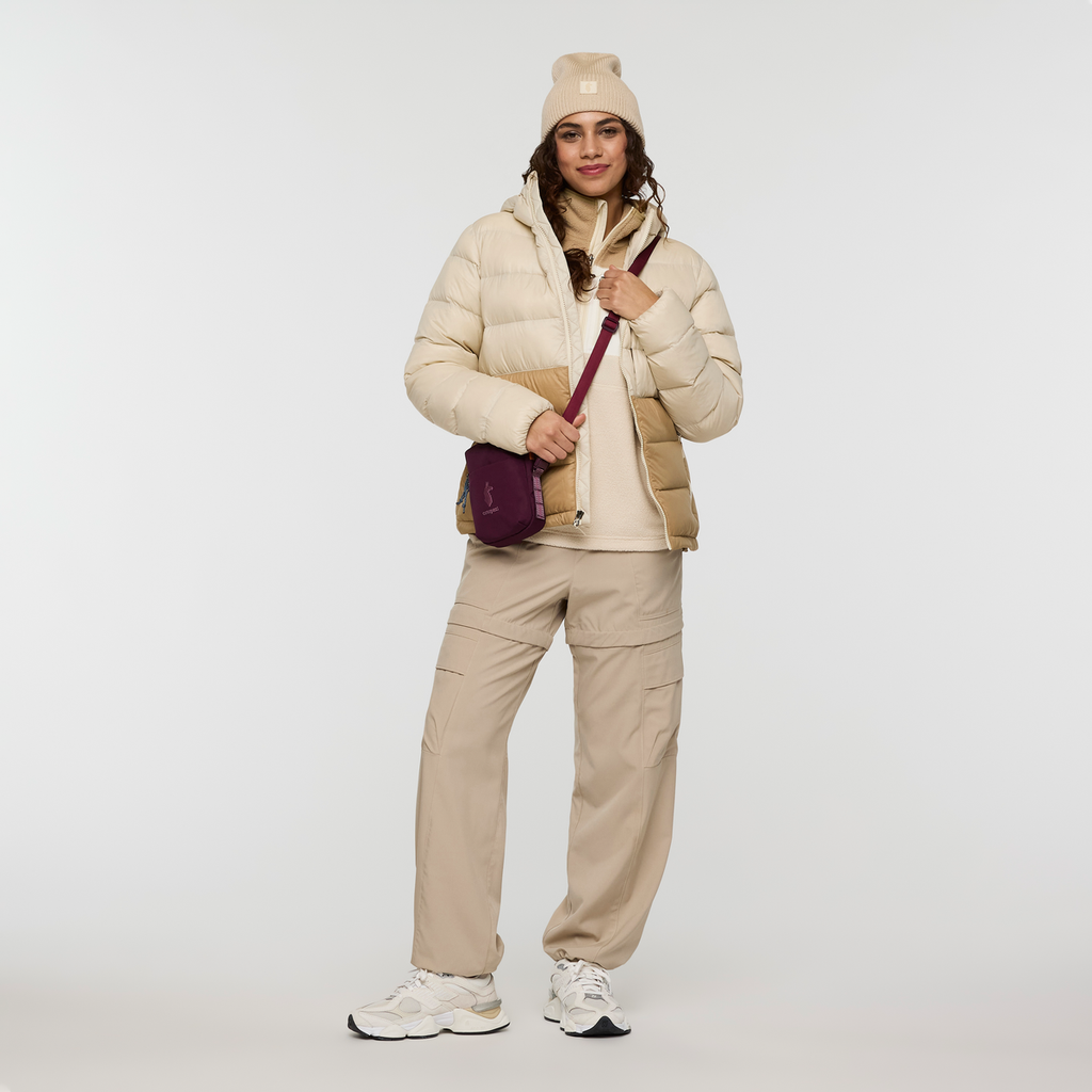 Fuego Max Down Hooded Jacket - Women's, Cream/Khaki, Model Avery