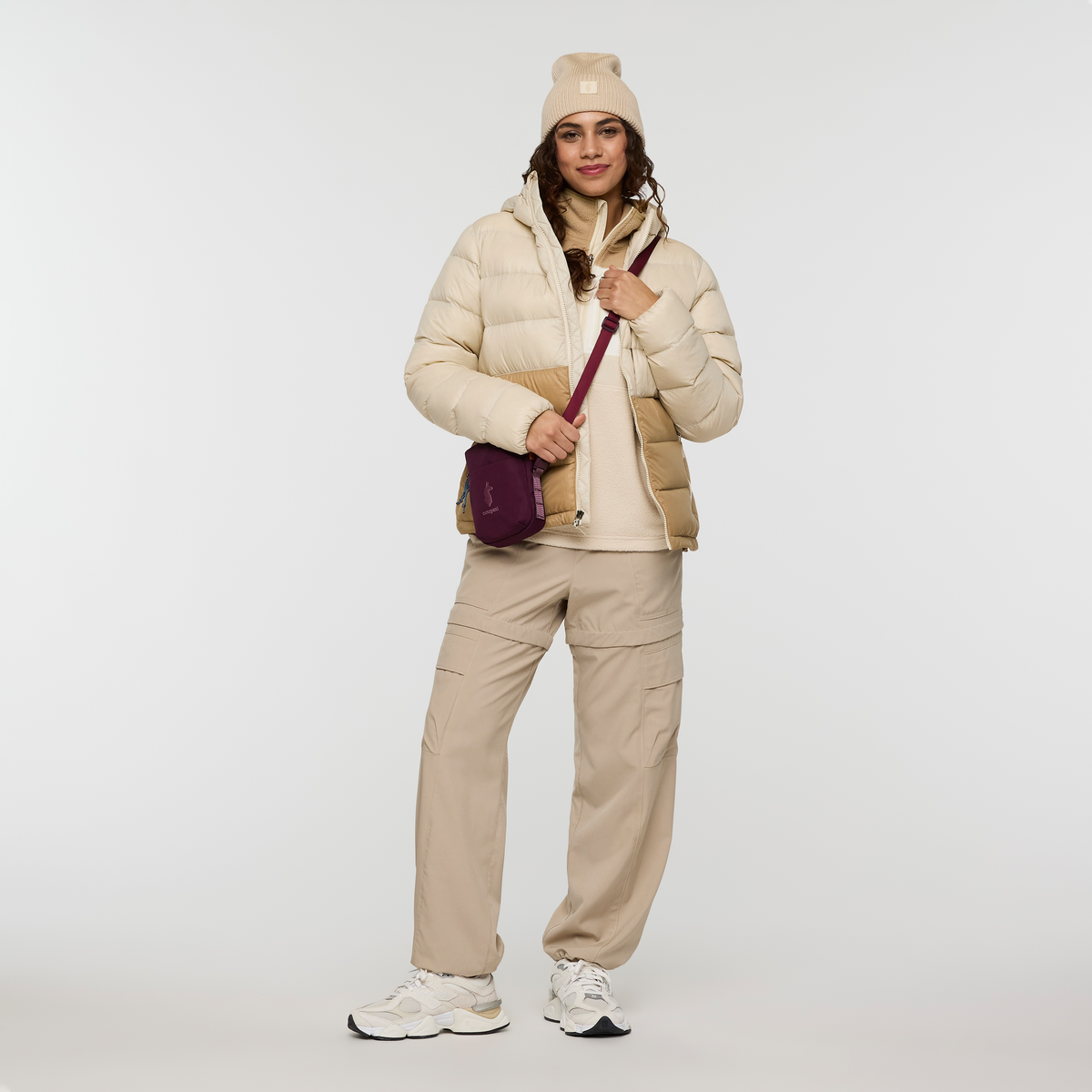 Fuego Max Down Hooded Jacket - Women's, Cream/Khaki, Model Avery