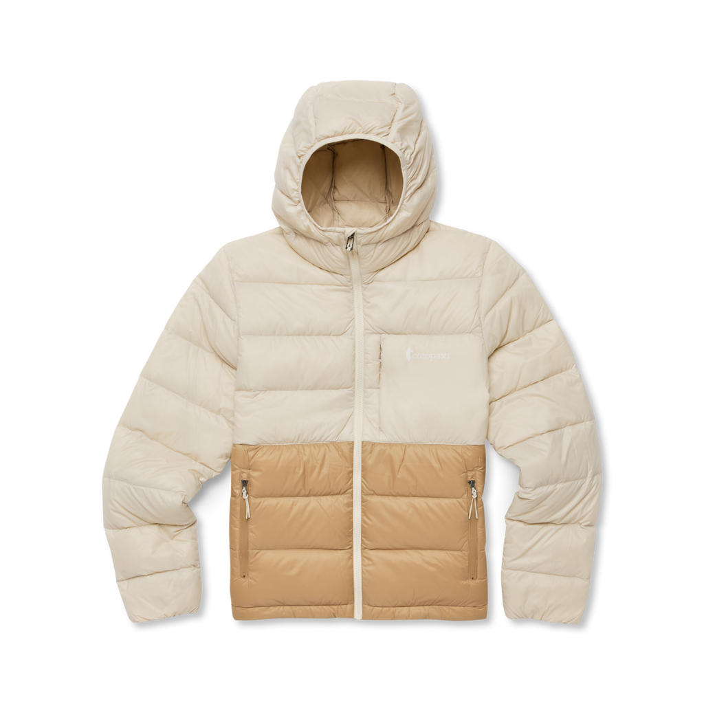Fuego Max Down Hooded Jacket - Women's, Cream/Khaki, Model Avery, flatlay