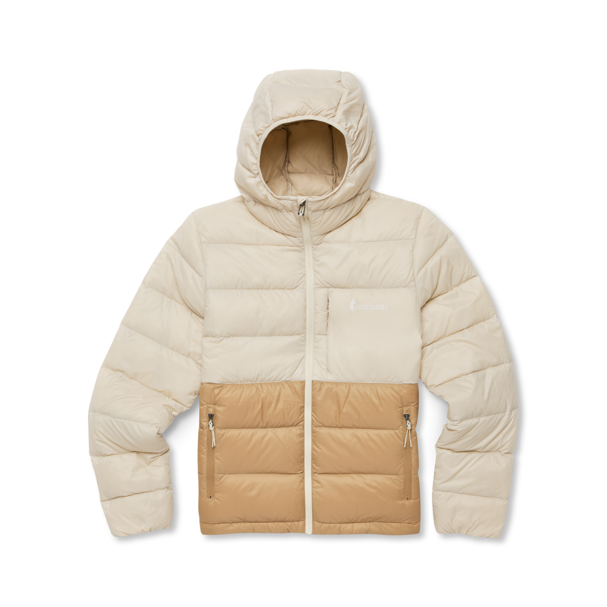 Fuego Max Down Hooded Jacket - Women's, Cream/Khaki, Model Avery, flatlay