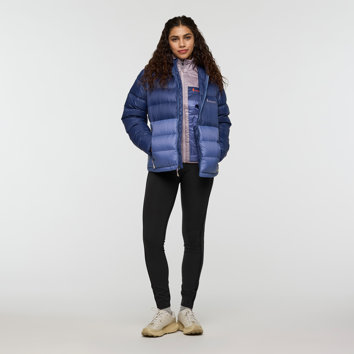 Fuego Max Down Hooded Jacket - Women's, Dusk/Blue Smoke, Model Avery