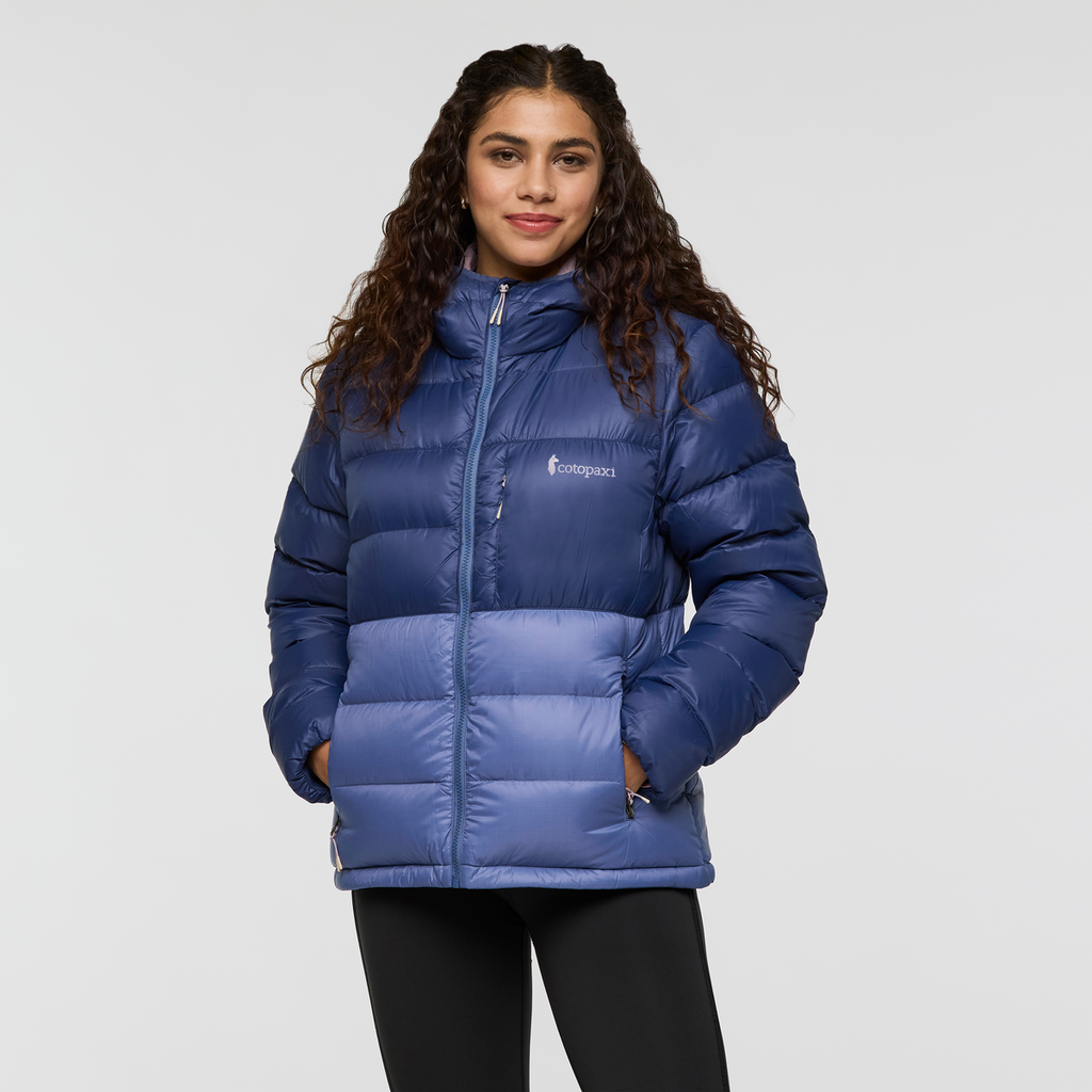 Fuego Max Down Hooded Jacket - Women's, Dusk/Blue Smoke, Model Avery