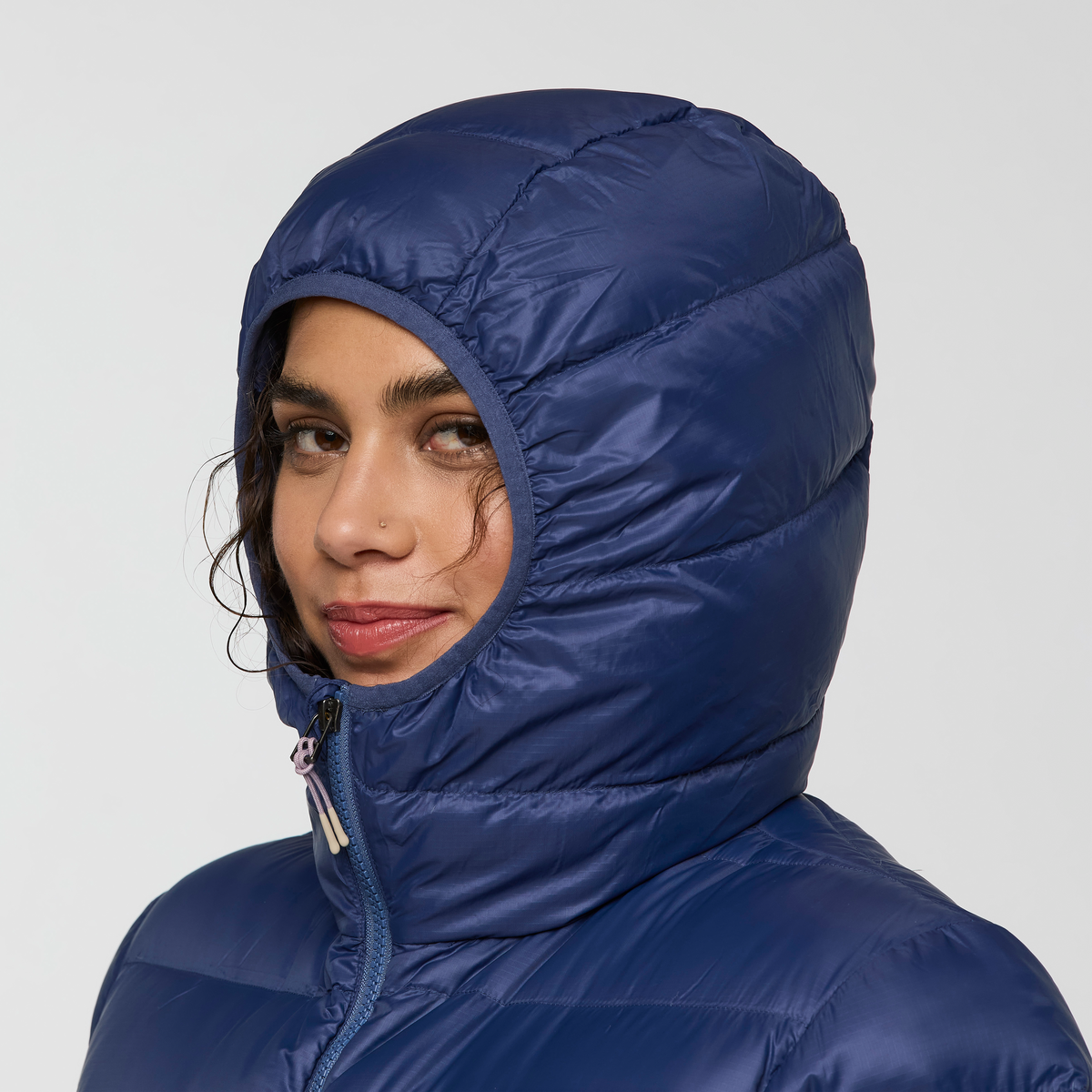 Fuego Max Down Hooded Jacket - Women's, Dusk/Blue Smoke, Model Avery