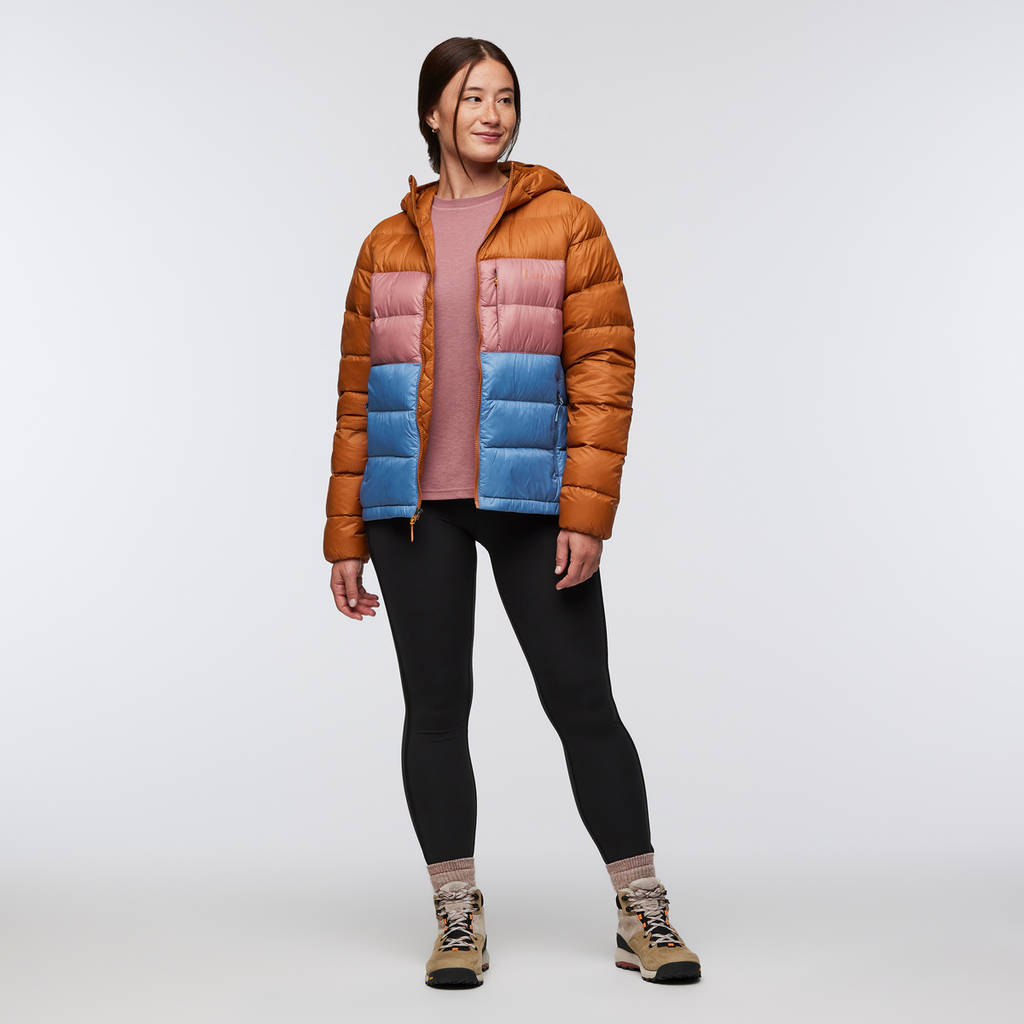 Fuego Max Down Hooded Jacket - Women's, Sienna/Fjord, Model Aya