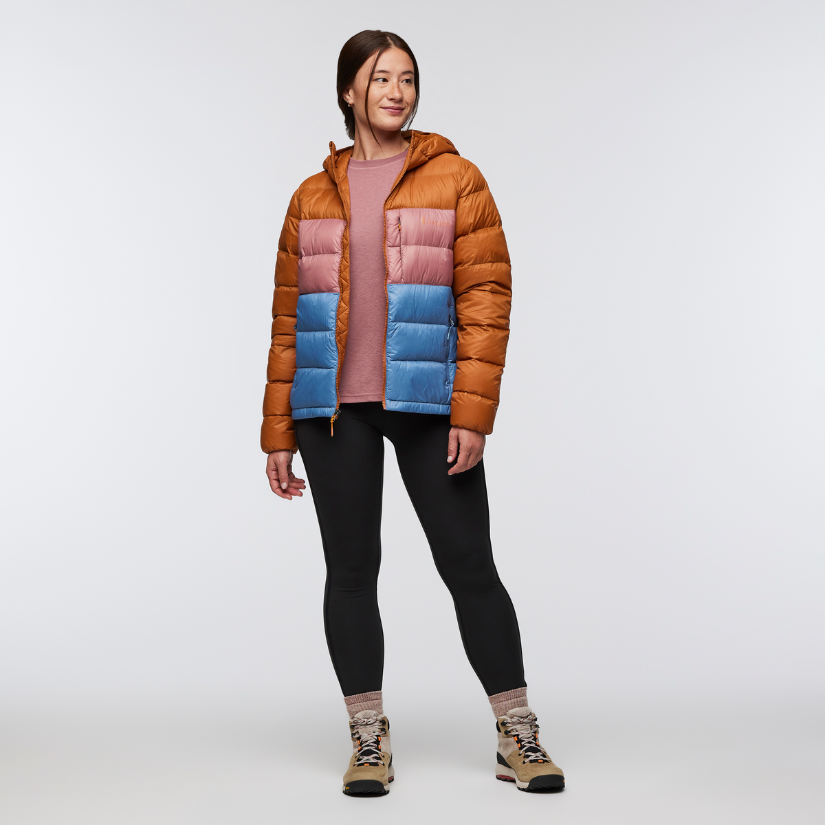 Fuego Max Down Hooded Jacket - Women's, Sienna/Fjord, Model Aya